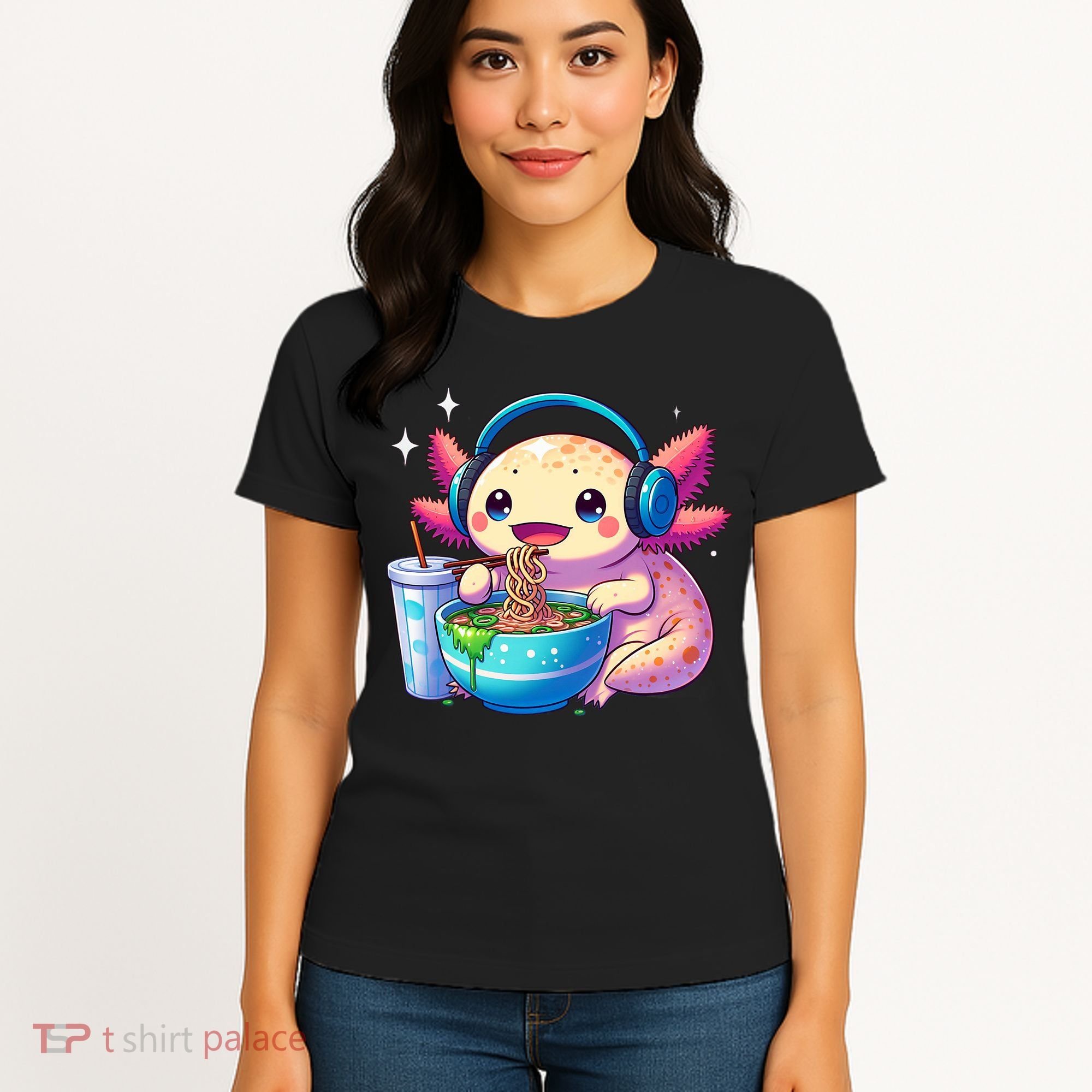 Anime Kawaii Axolotl Eating Ramen Noodles Funny Women's T-Shirt