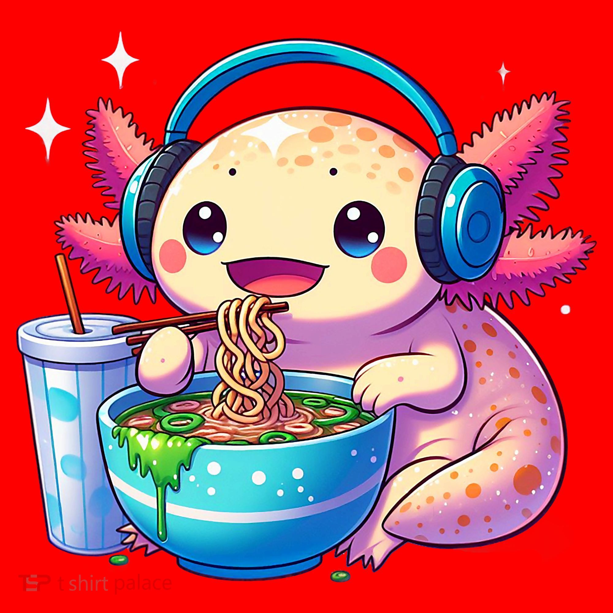 Anime Kawaii Axolotl Eating Ramen Noodles Funny Santa Hat