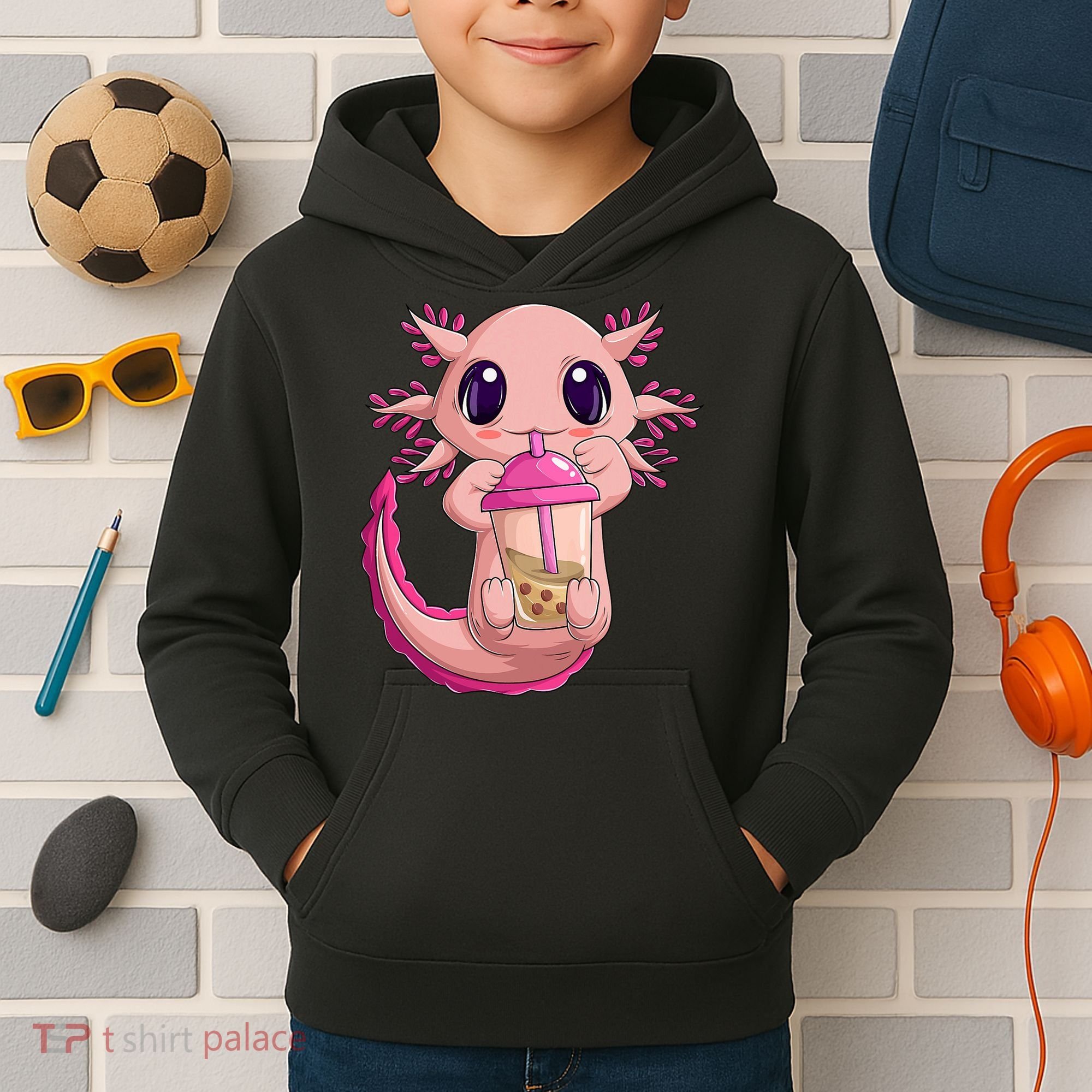 Axolotl Kawaii Anime Boba Tea Kids Hoodie