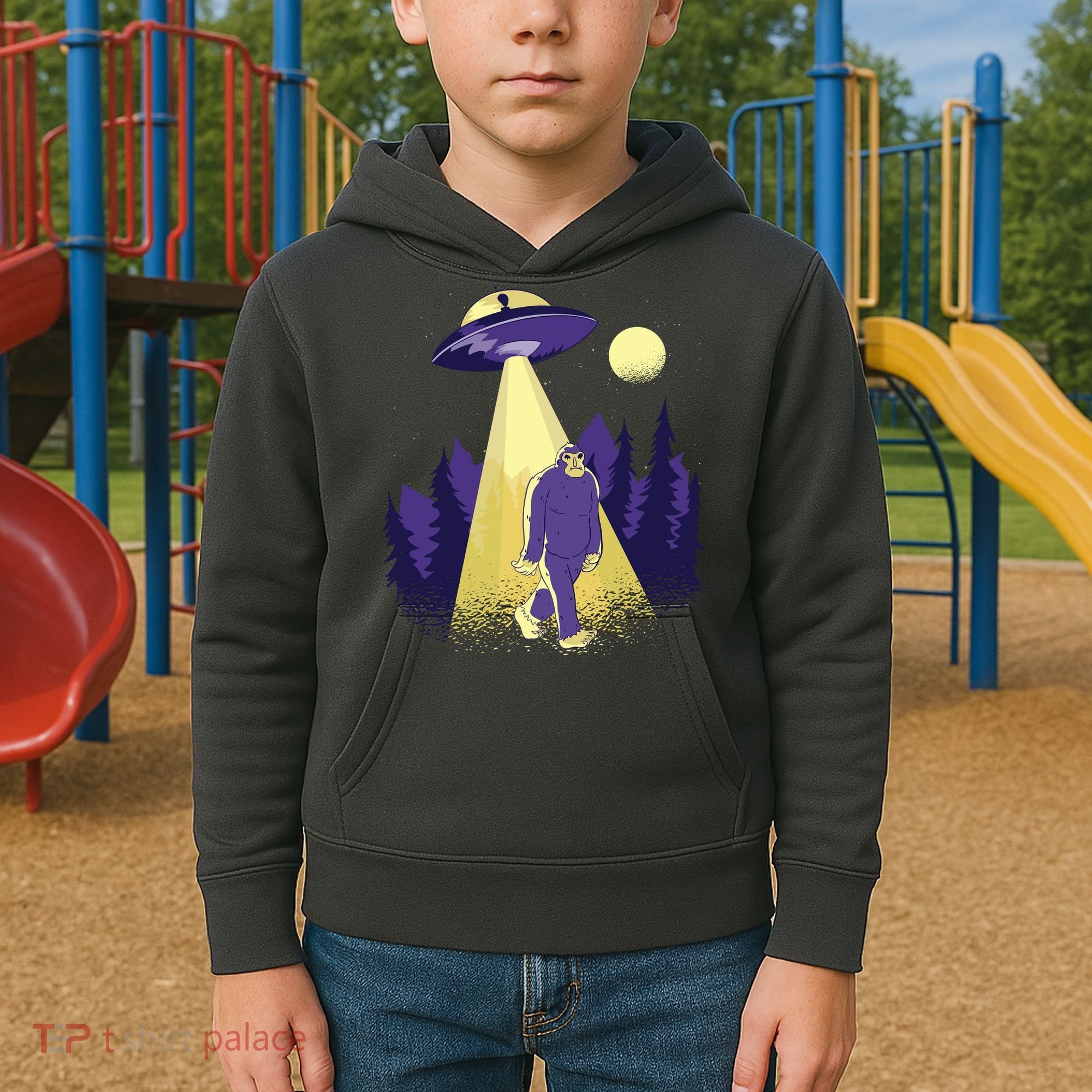 Aliens Kidnapping Bigfoot Kids Hoodie