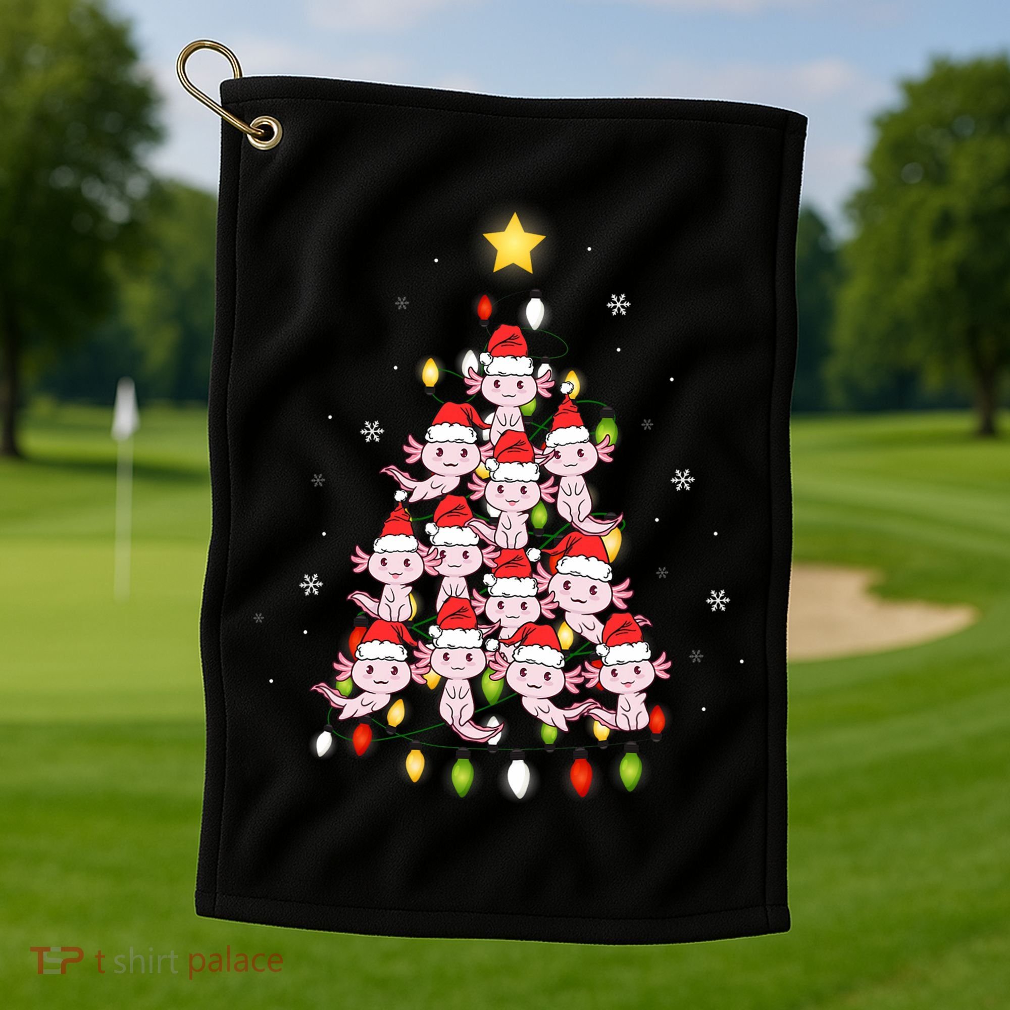 Axolotl Kawaii Christmas Tree Lights Pajama Xmas Tree Golf Towel