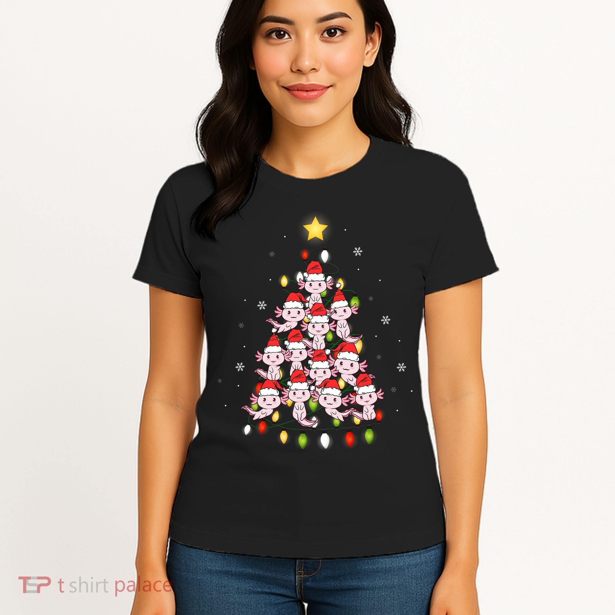 Axolotl Kawaii Christmas Tree Lights Pajama Xmas Tree Women's T-Shirt