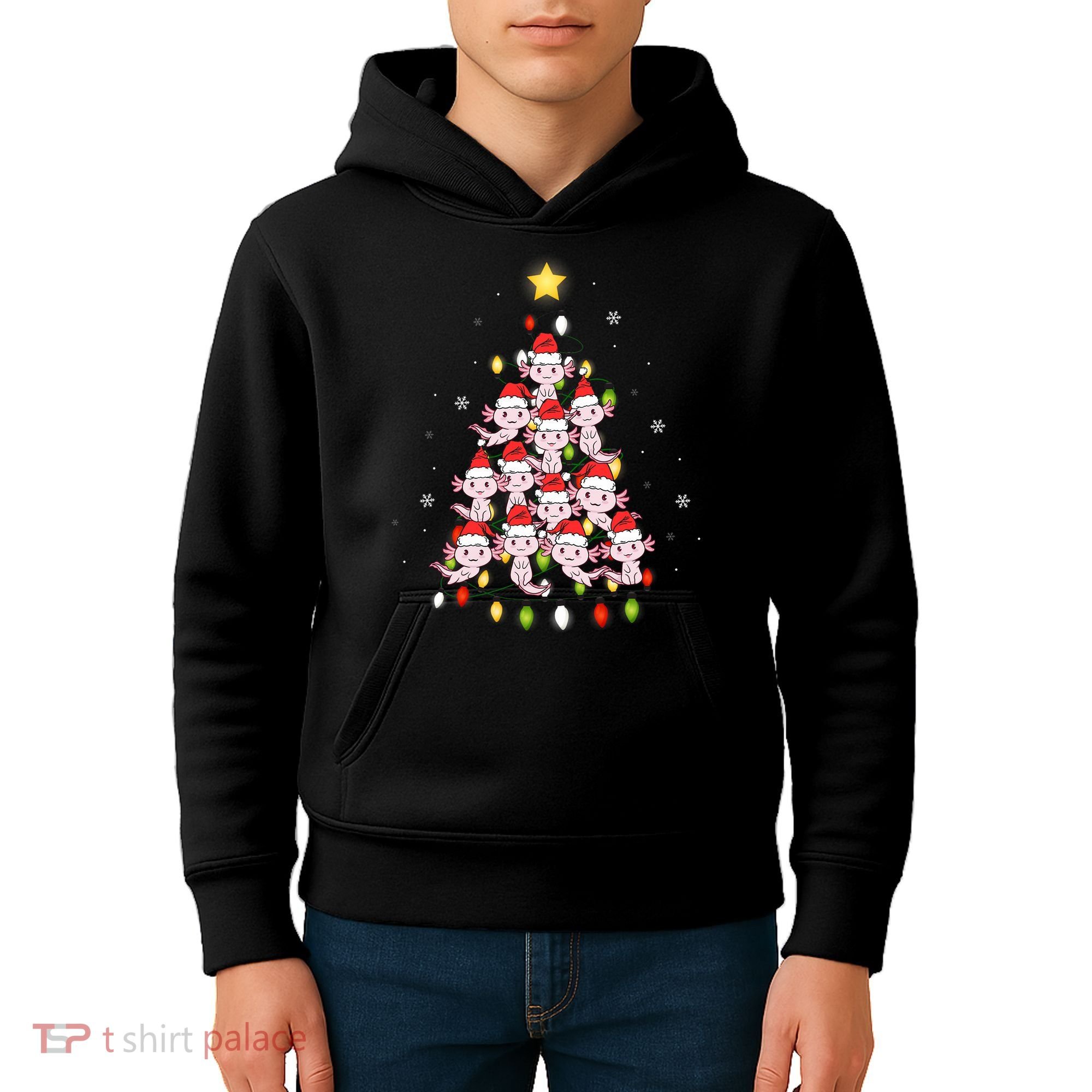 Axolotl Kawaii Christmas Tree Lights Pajama Xmas Tree Kids Hoodie