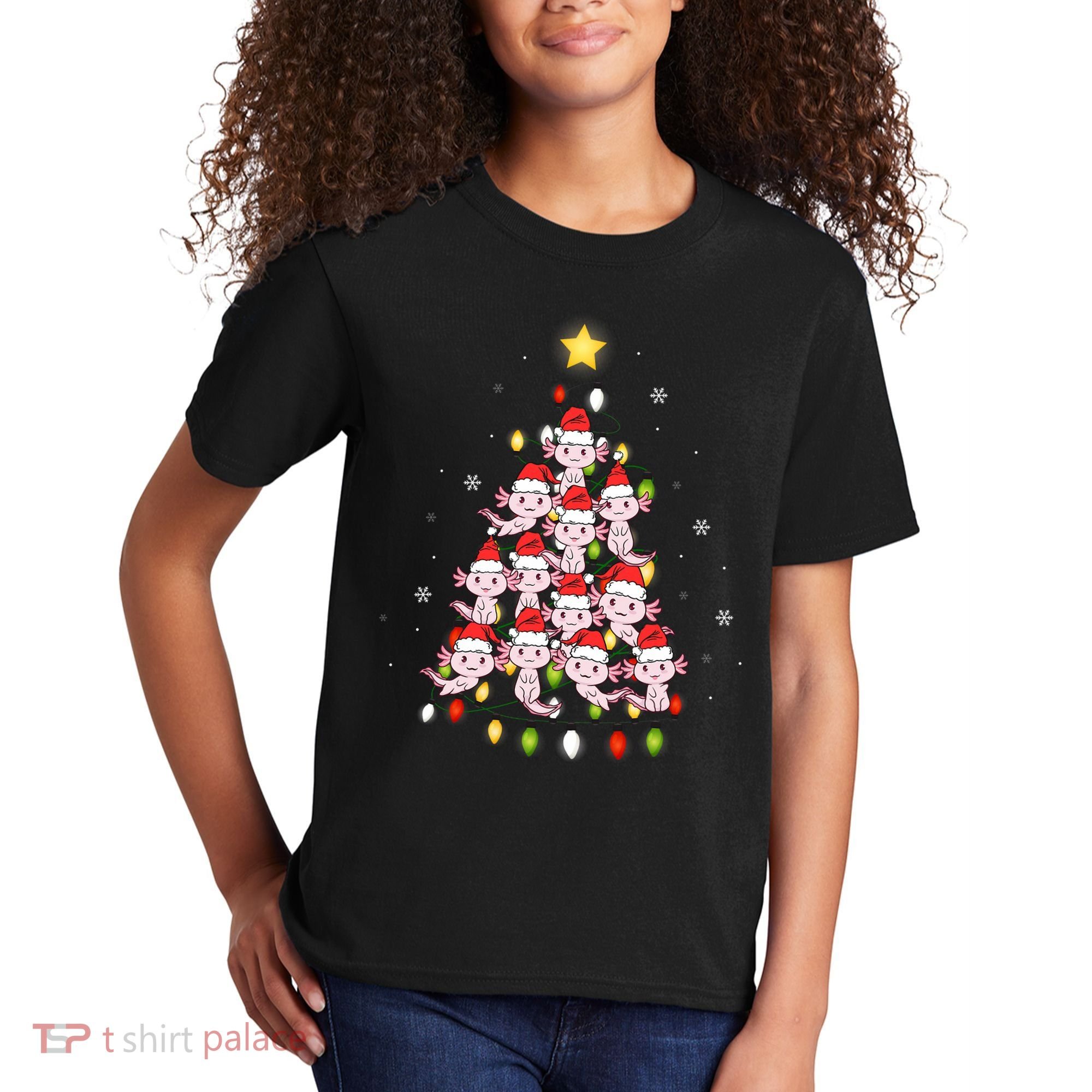 Axolotl Kawaii Christmas Tree Lights Pajama Xmas Tree Kids T-Shirt