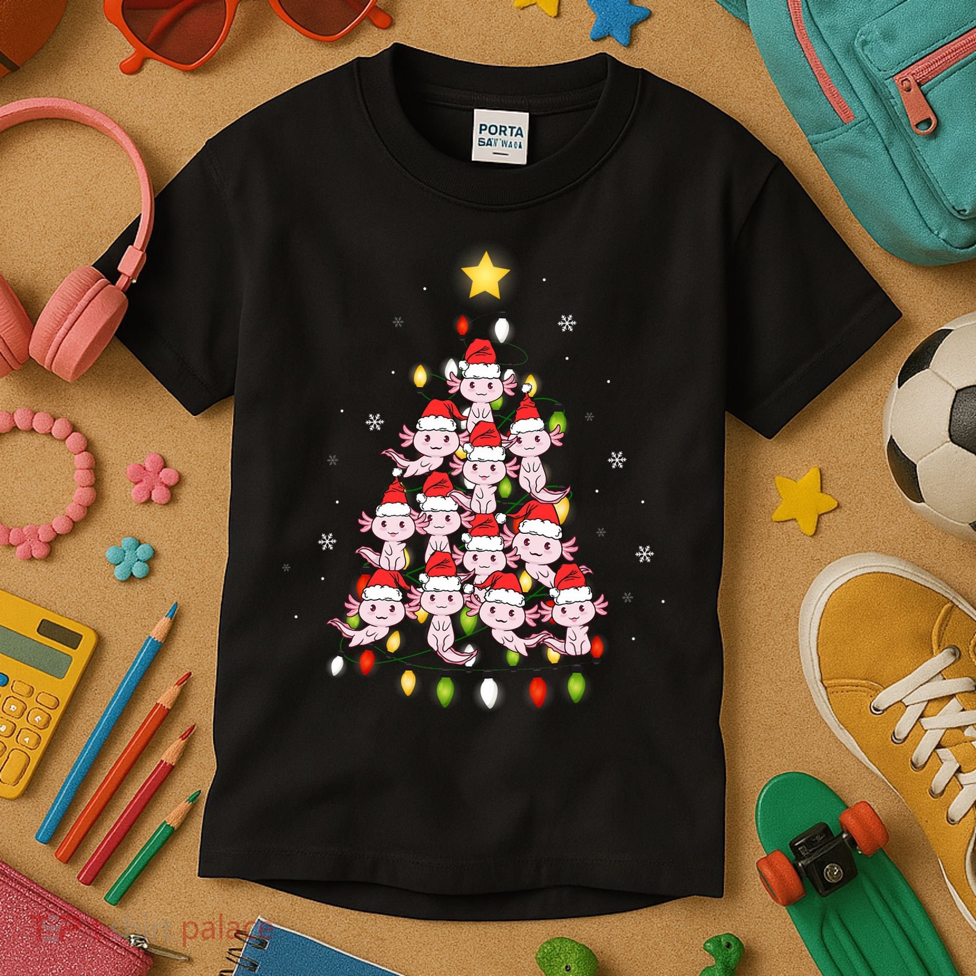 Axolotl Kawaii Christmas Tree Lights Pajama Xmas Tree Kids T-Shirt