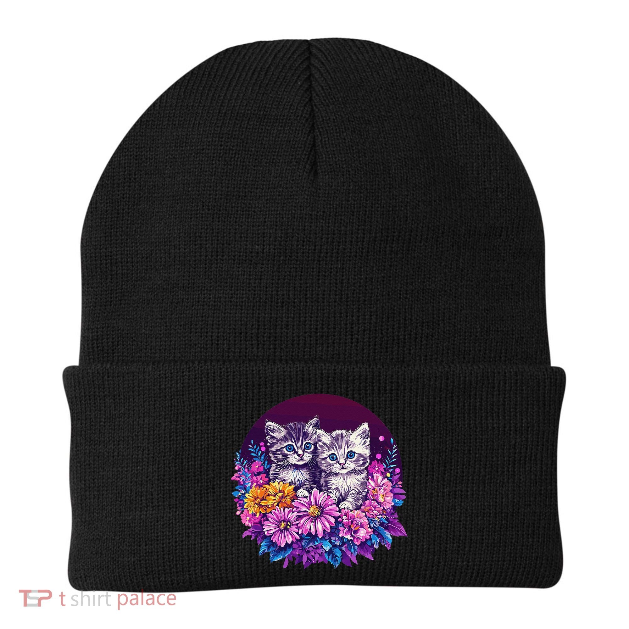 Adorable Kittens In Vibrant Floral Setting Beanie