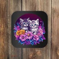 Adorable Kittens In Vibrant Floral Setting Coaster thumb 0