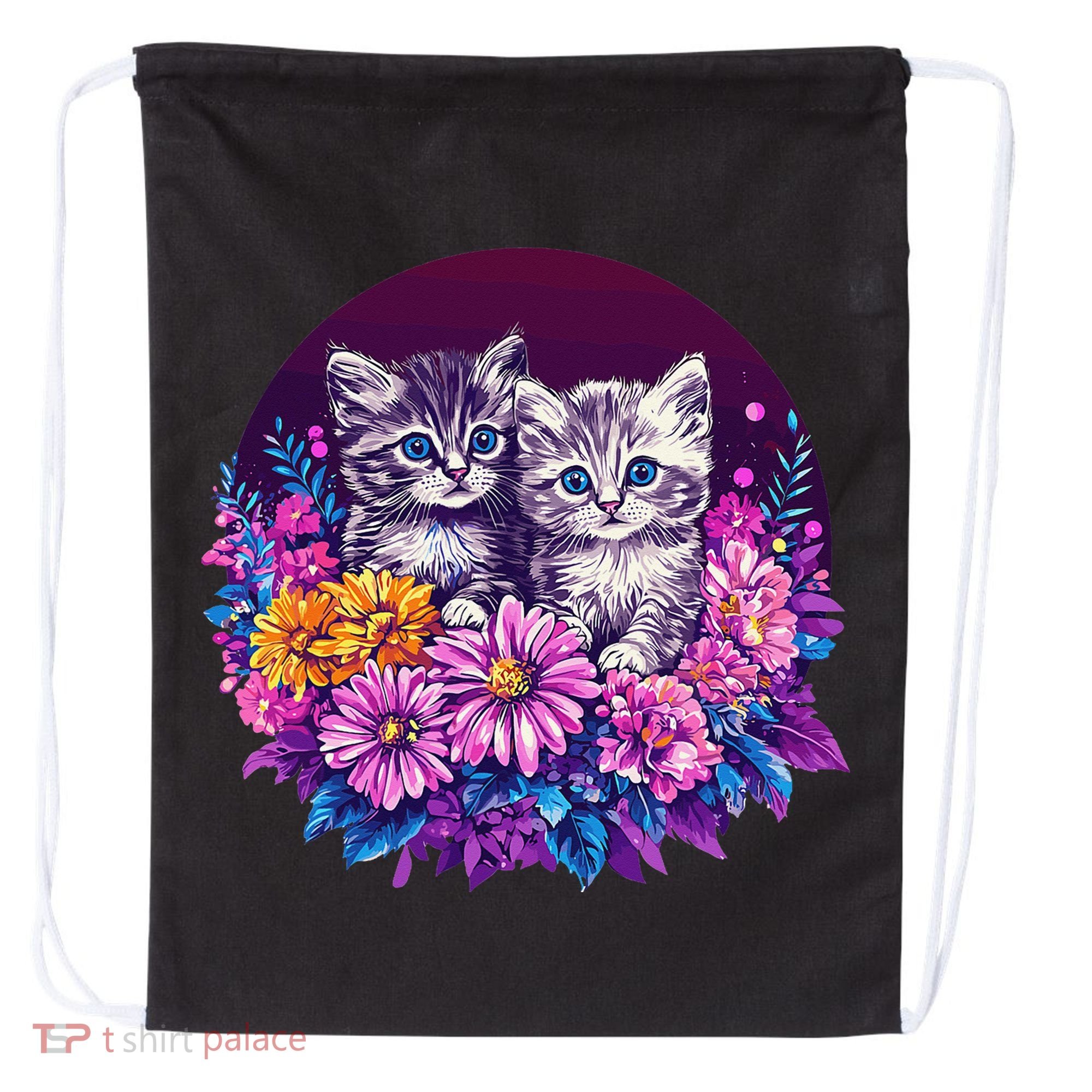 Adorable Kittens In Vibrant Floral Setting Drawstring Bag