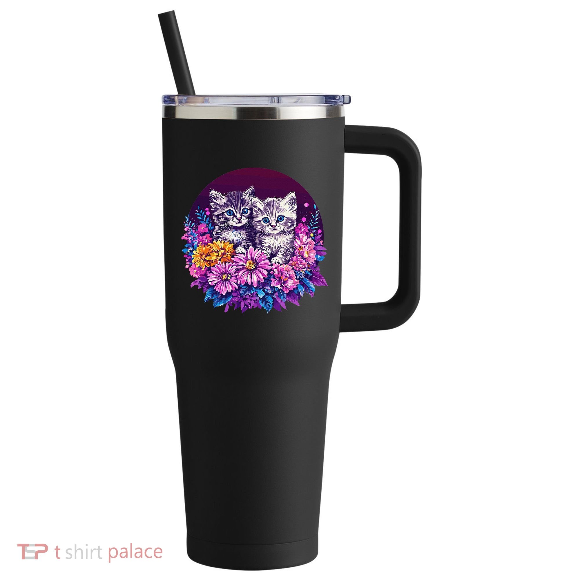 Adorable Kittens In Vibrant Floral Setting 40oz Vacuum Insulated Stainless Steel Travel Tumbler