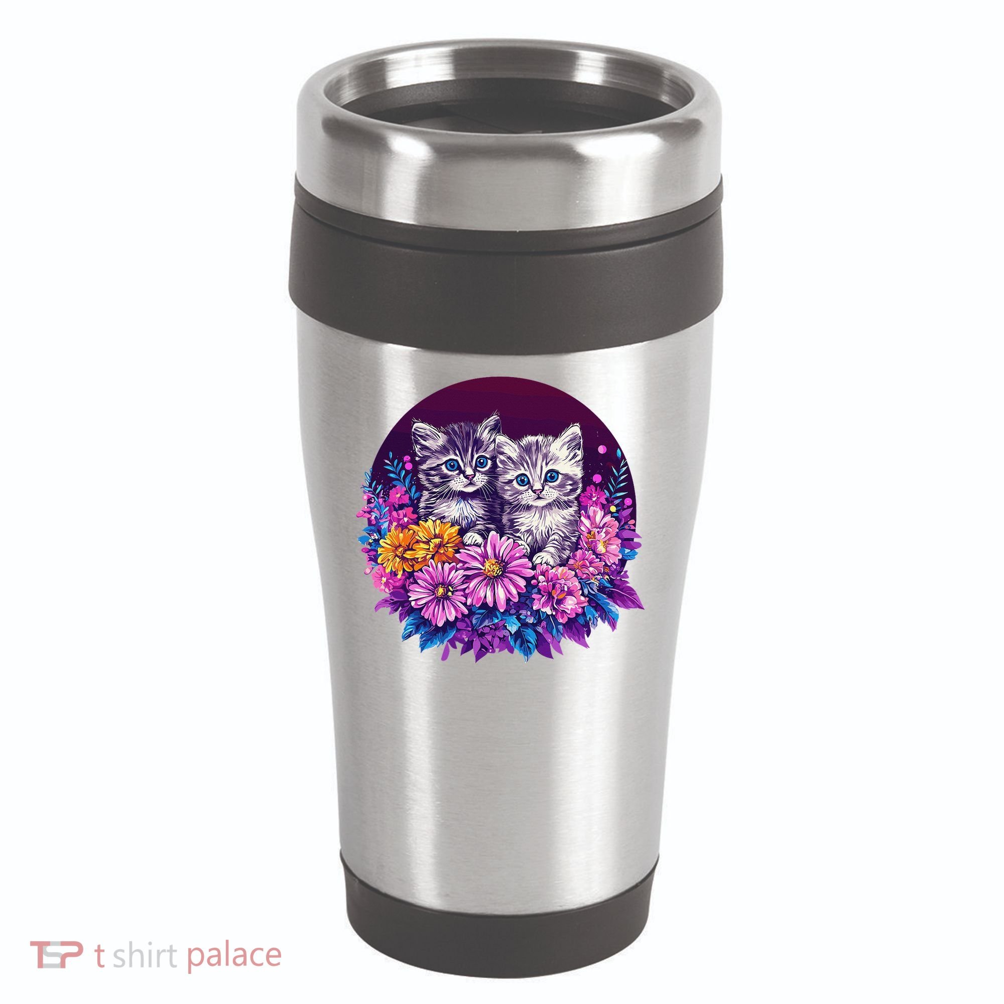 Adorable Kittens In Vibrant Floral Setting 16oz Travel Tumbler