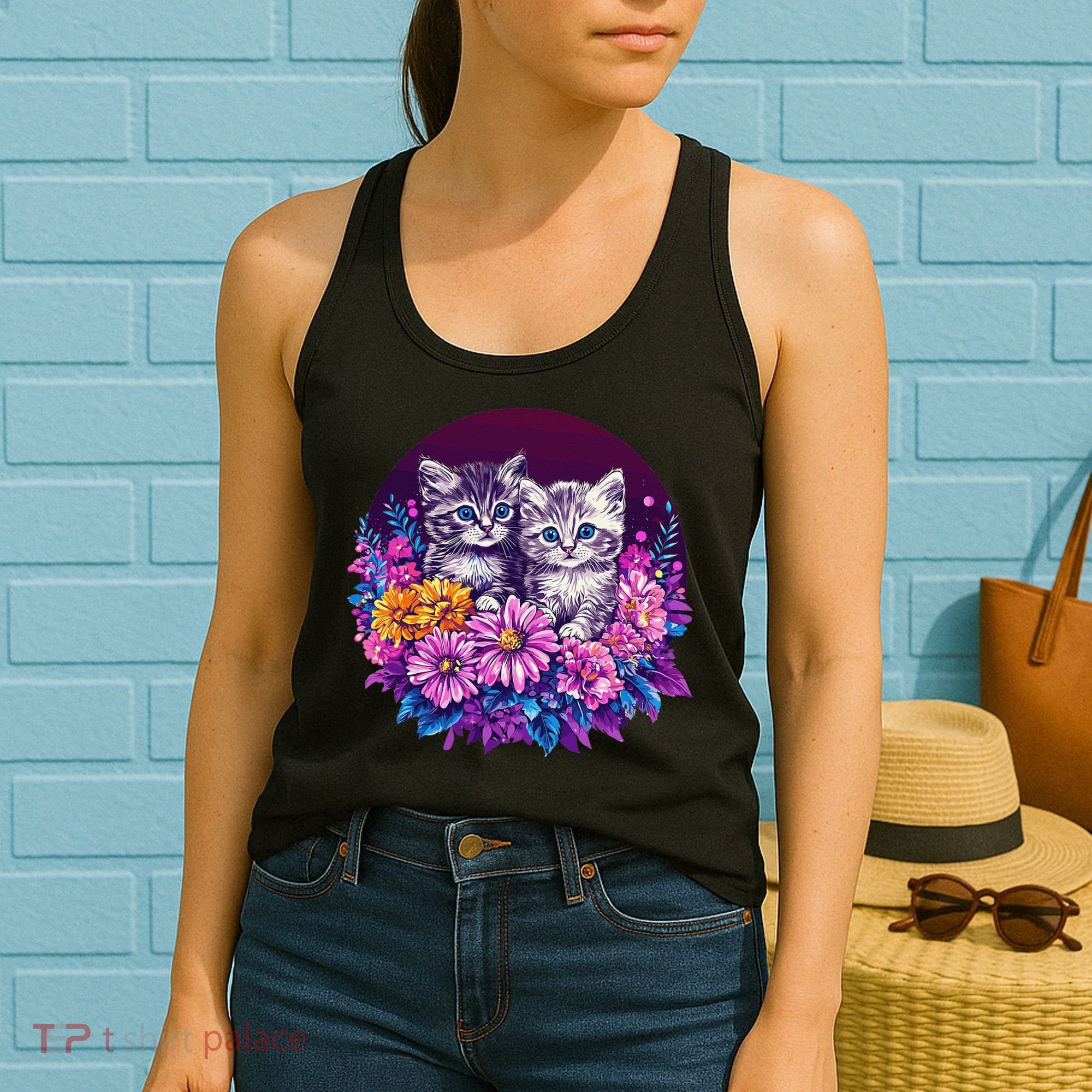 Adorable Kittens In Vibrant Floral Setting Women's Tank Top