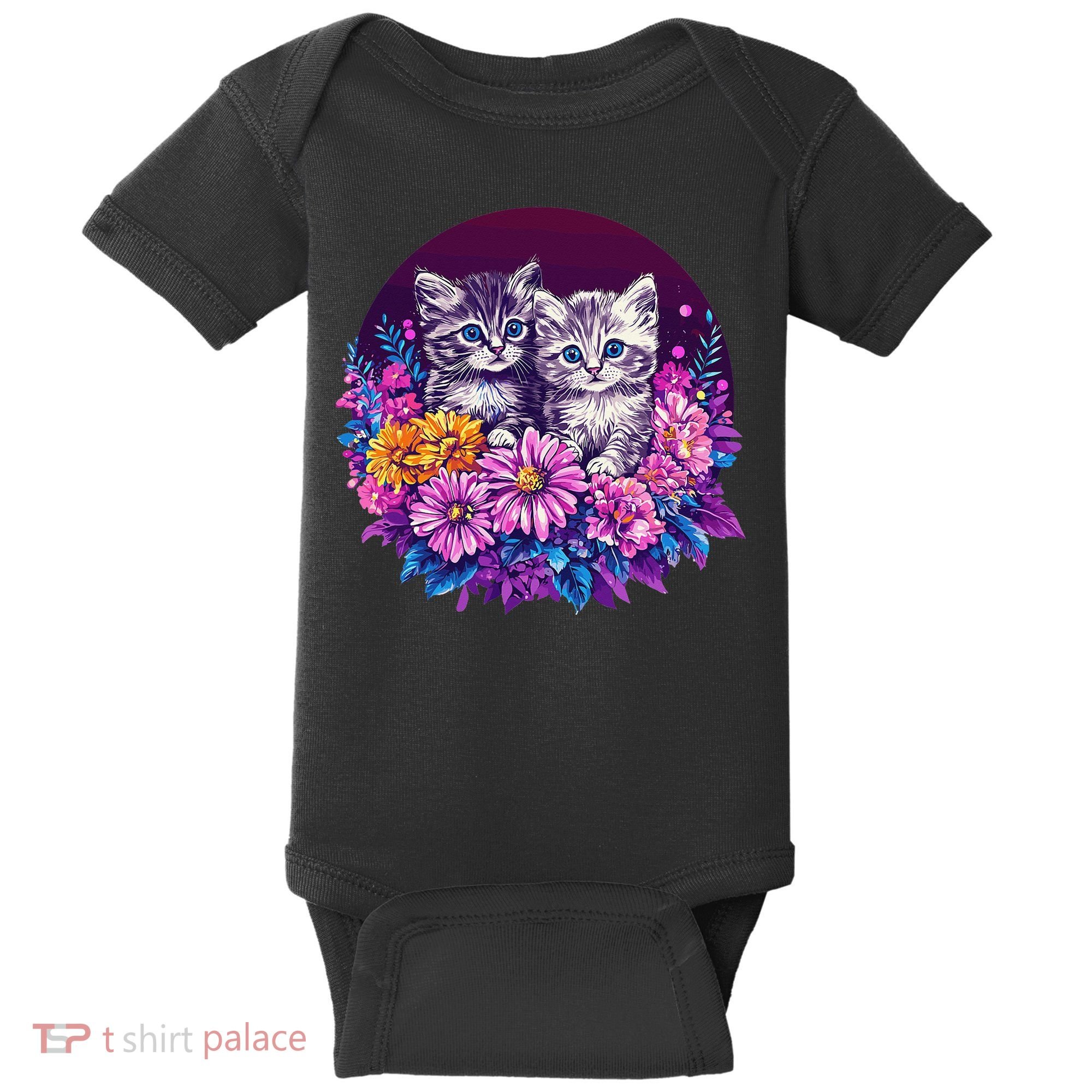 Adorable Kittens In Vibrant Floral Setting Baby Bodysuit
