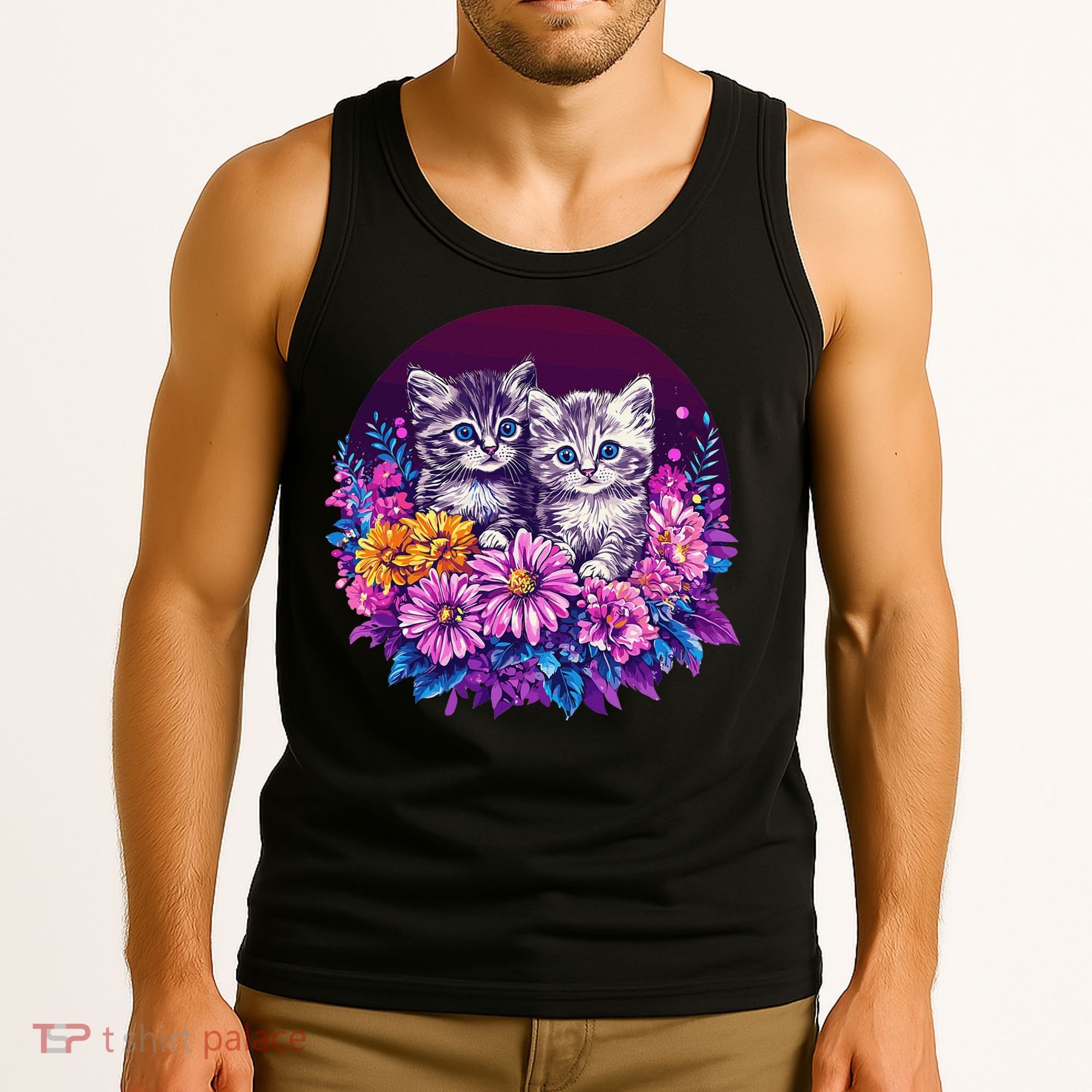Adorable Kittens In Vibrant Floral Setting Tank Top