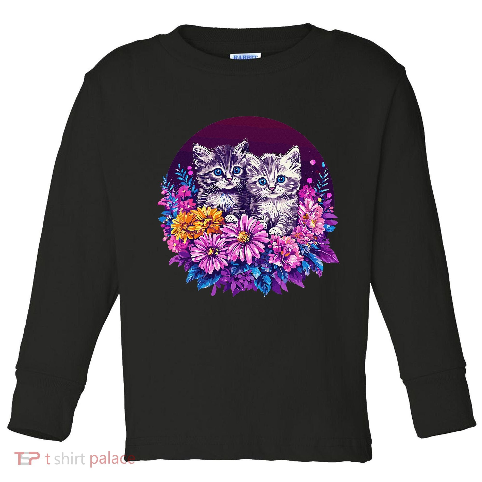 Adorable Kittens In Vibrant Floral Setting Toddler Long Sleeve Shirt