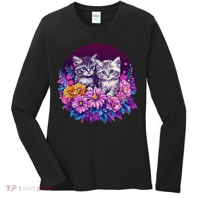 Adorable Kittens In Vibrant Floral Setting Women's Long Sleeve Shirt