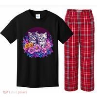 Adorable Kittens In Vibrant Floral Setting Kids Plaid Pajama Set thumb 0