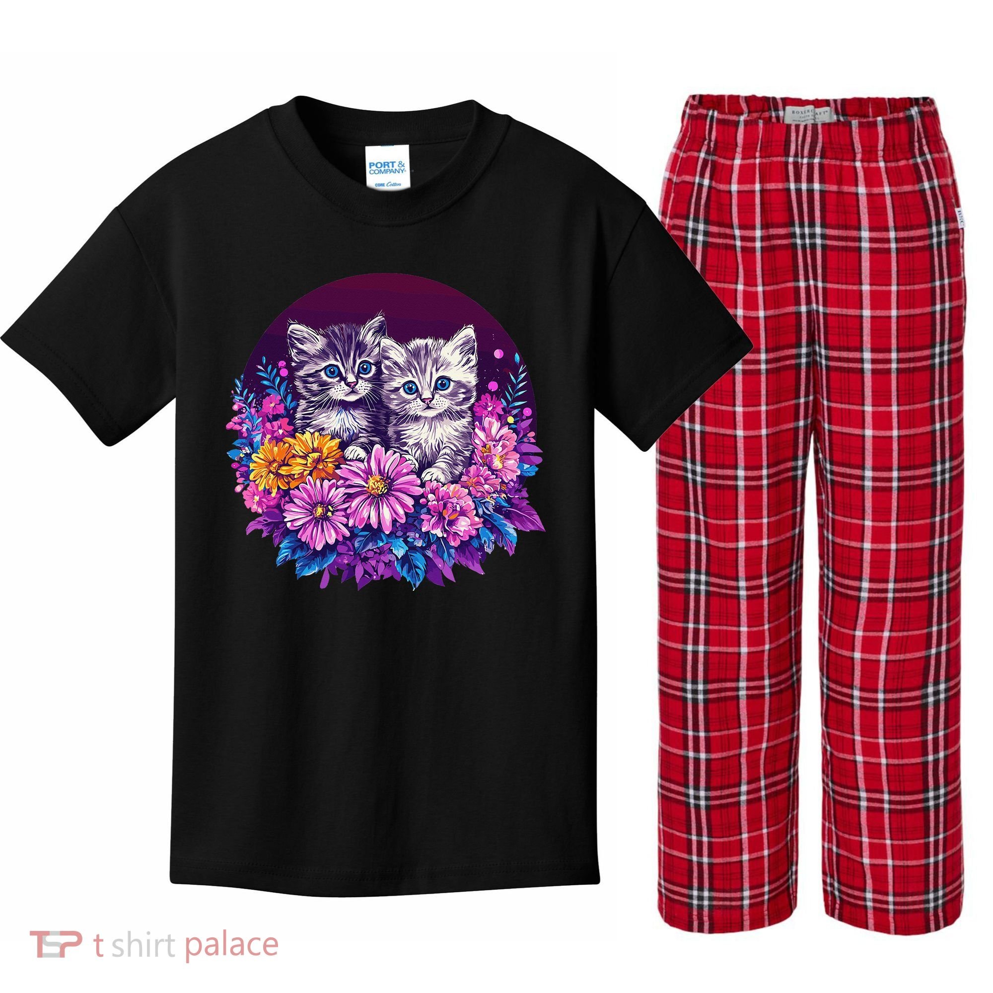 Adorable Kittens In Vibrant Floral Setting Kids Plaid Pajama Set