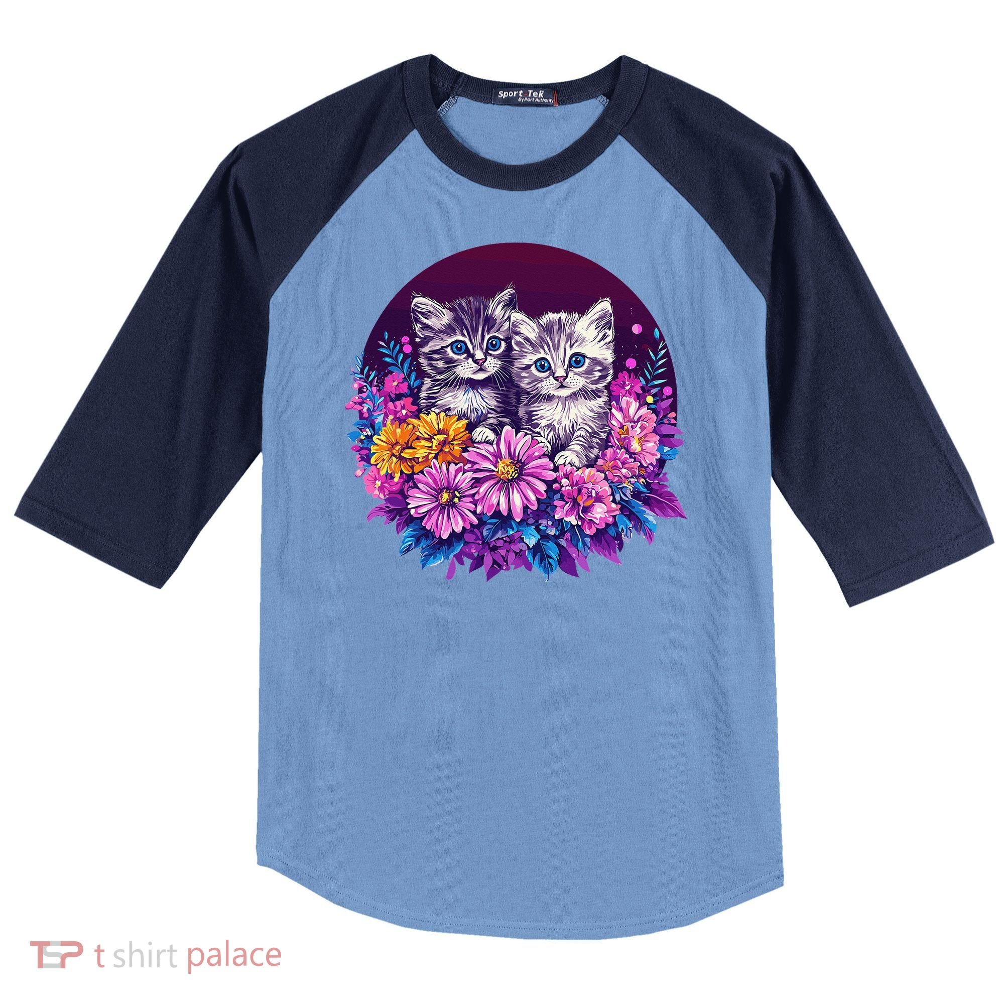Adorable Kittens In Vibrant Floral Setting Raglan Baseball Sleeve Shirt