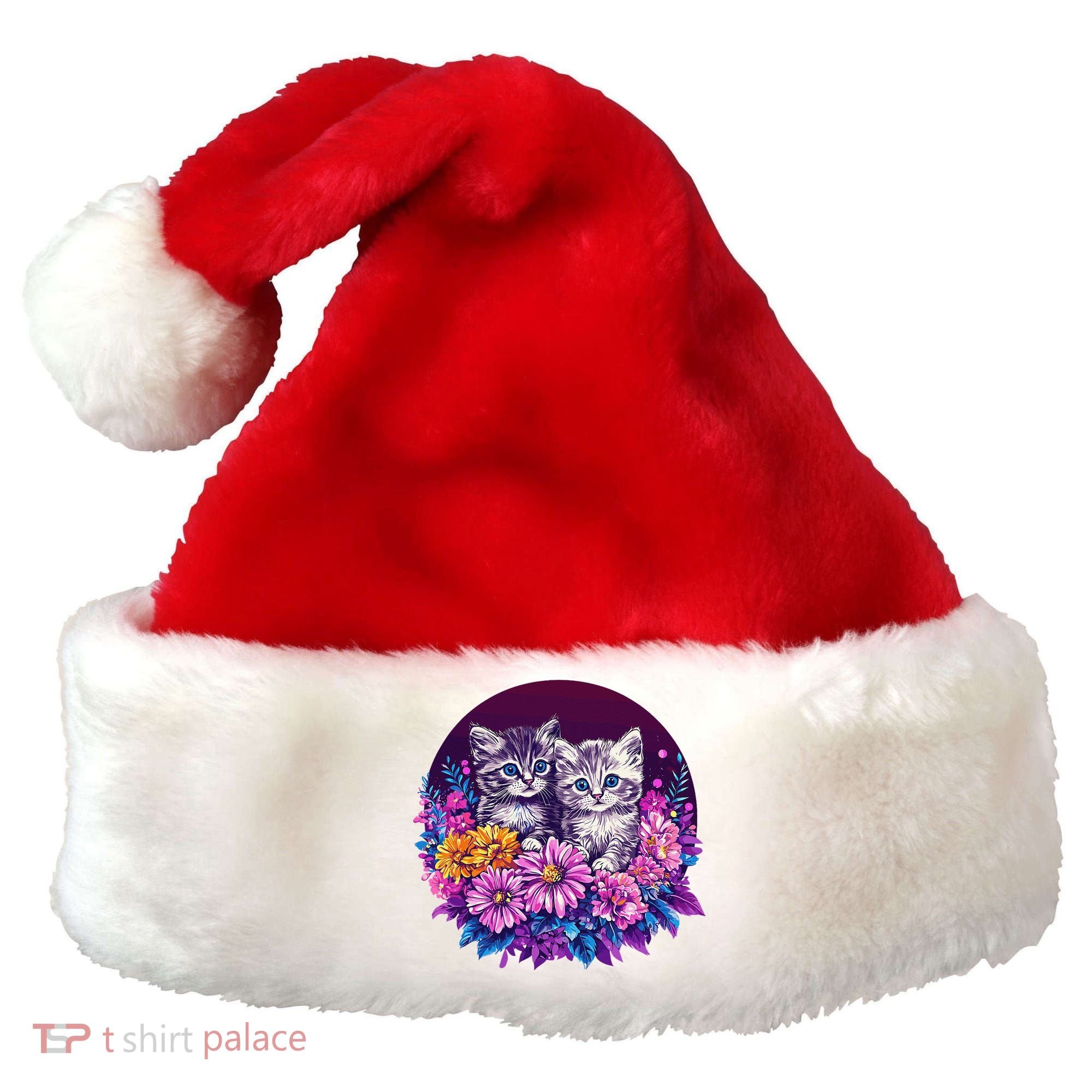 Adorable Kittens In Vibrant Floral Setting Santa Hat