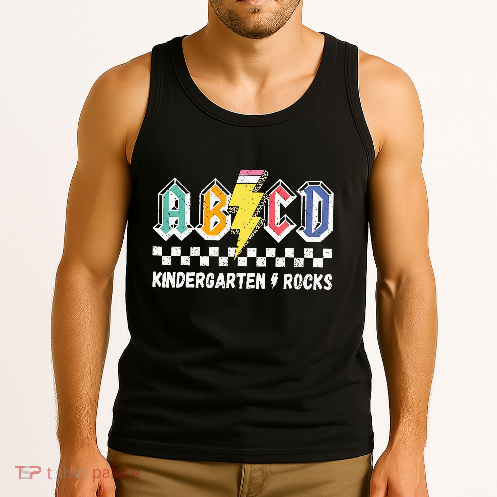 Abcd Kindergarten Rocks Pencil Lightning Teachers Rock Tank Top