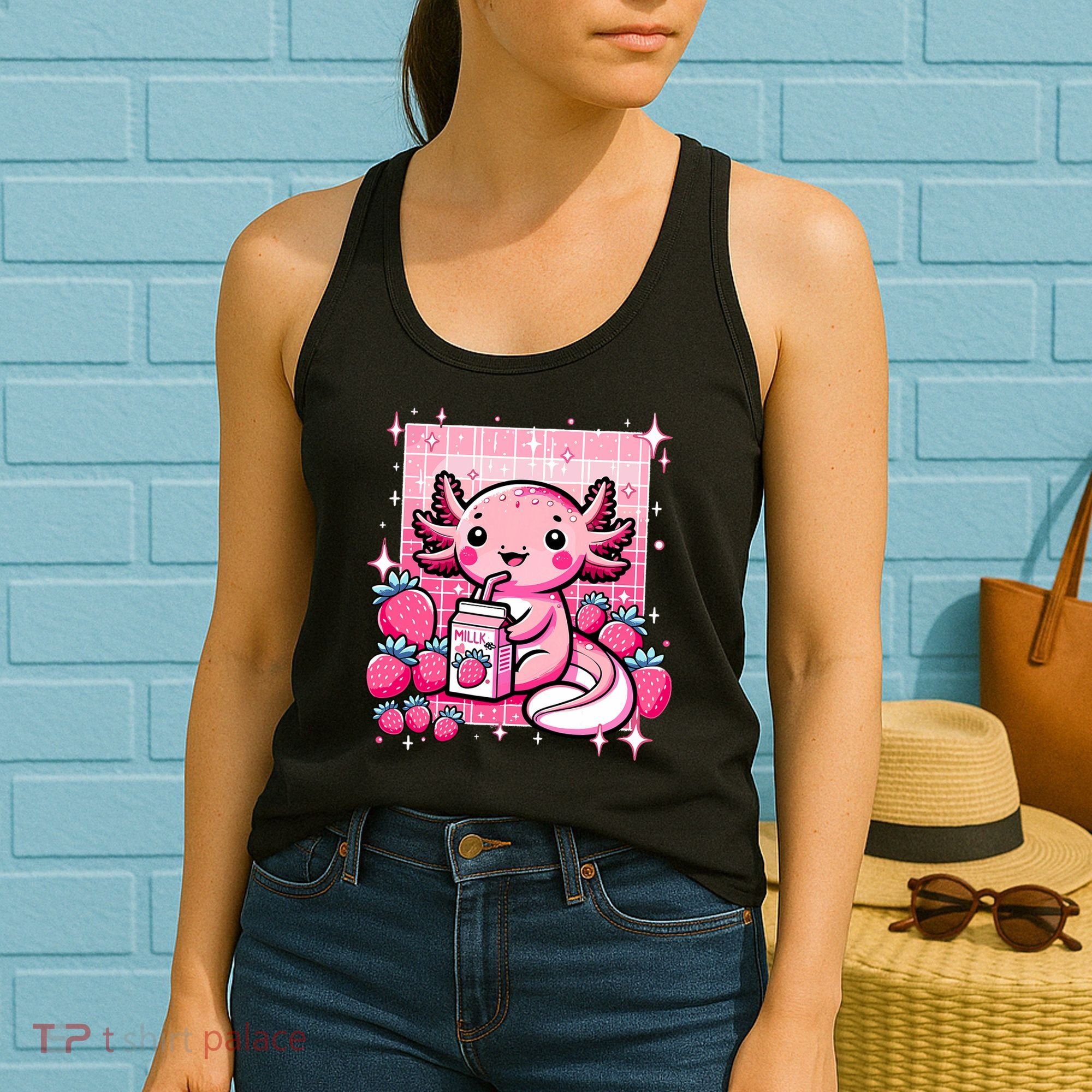 Axolotl Kawaii Strawberry Milk Shake Anime Axolotl Women's Tank Top