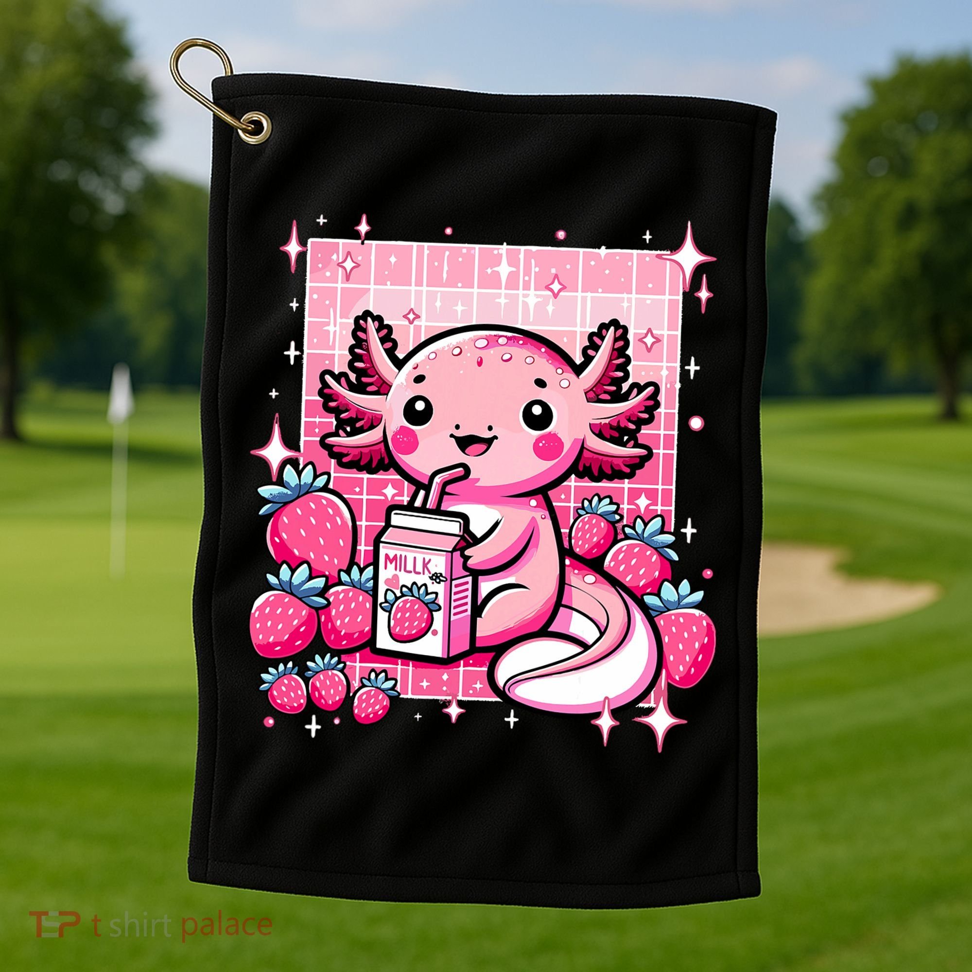 Axolotl Kawaii Strawberry Milk Shake Anime Axolotl Golf Towel