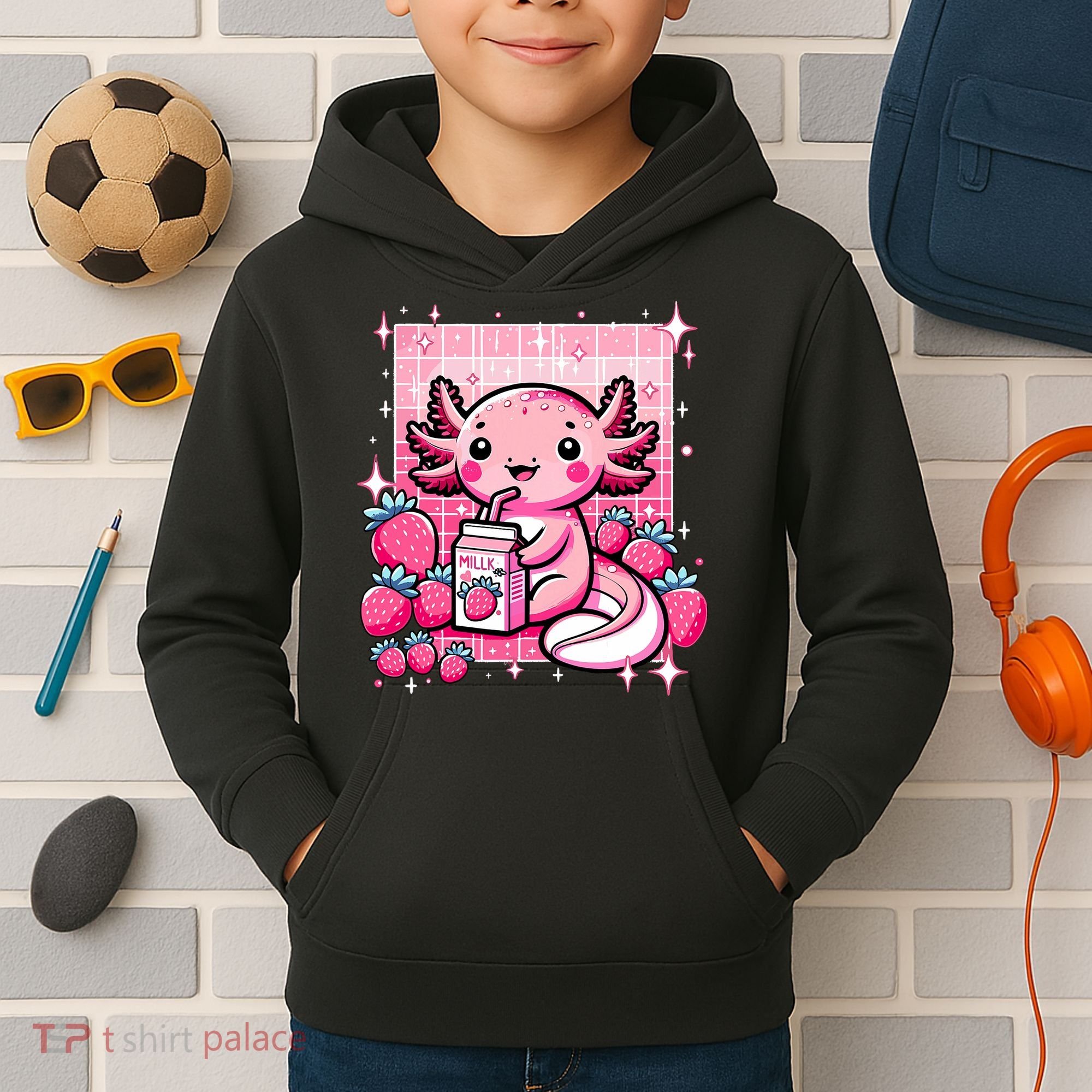 Axolotl Kawaii Strawberry Milk Shake Anime Axolotl Kids Hoodie