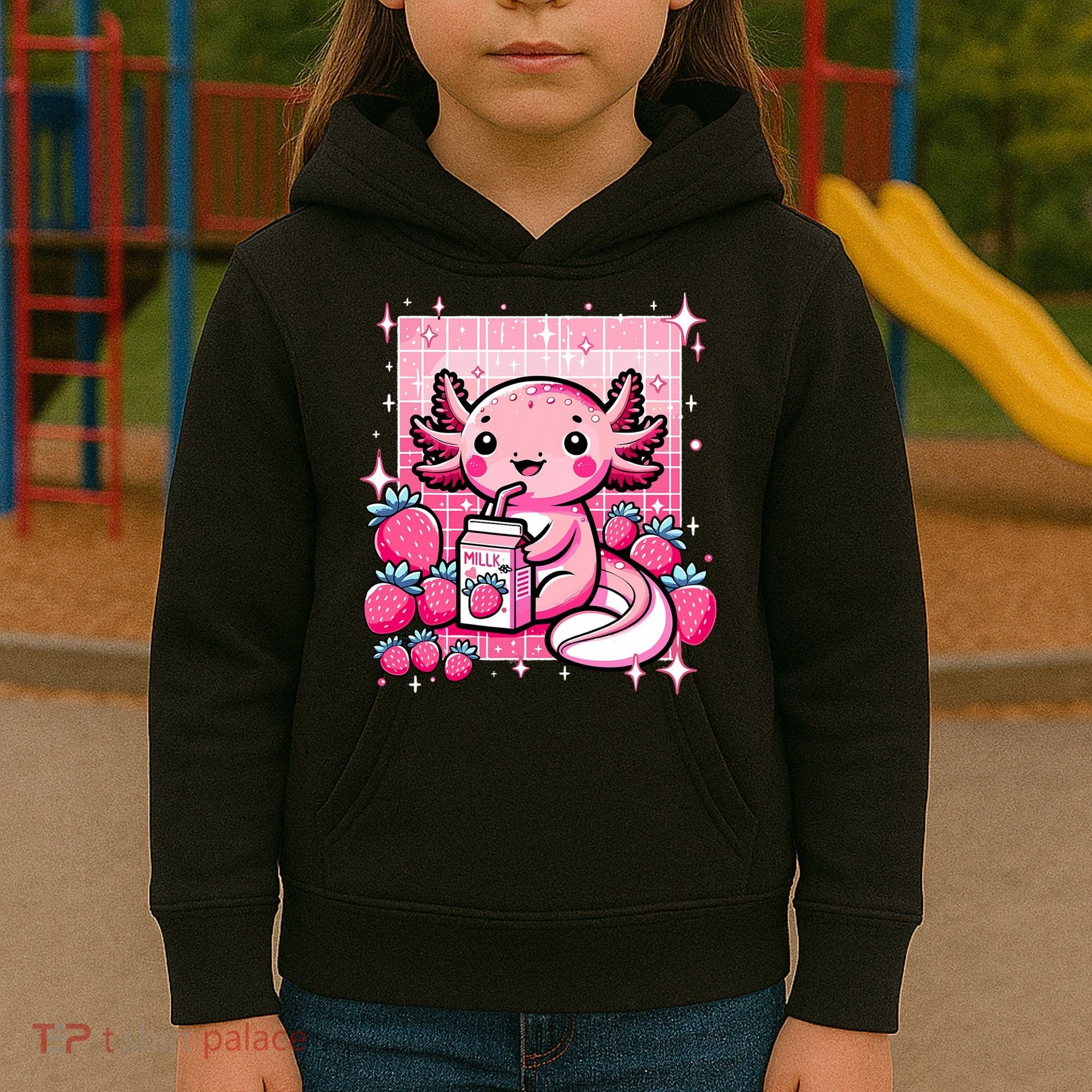 Axolotl Kawaii Strawberry Milk Shake Anime Axolotl Kids Hoodie