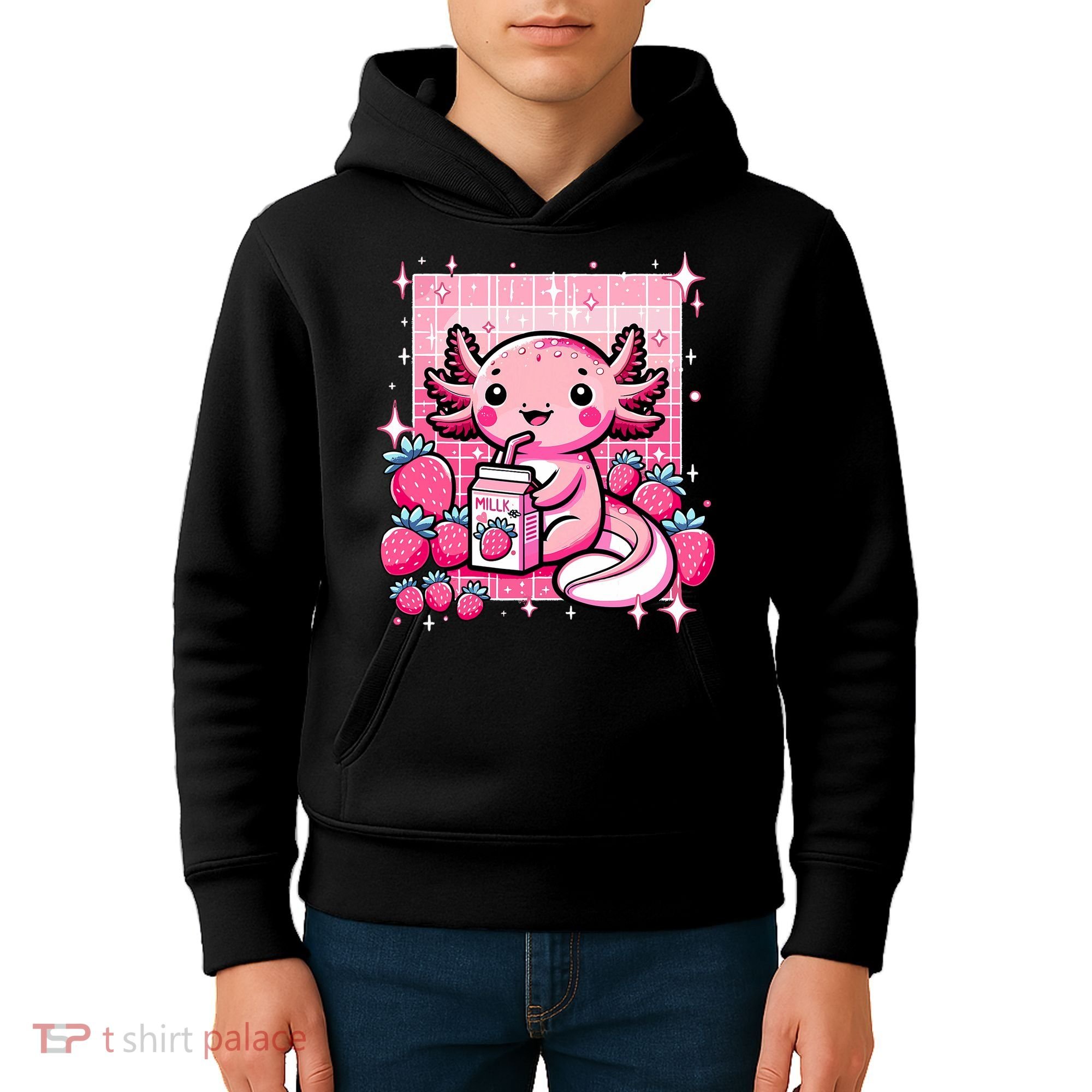 Axolotl Kawaii Strawberry Milk Shake Anime Axolotl Kids Hoodie