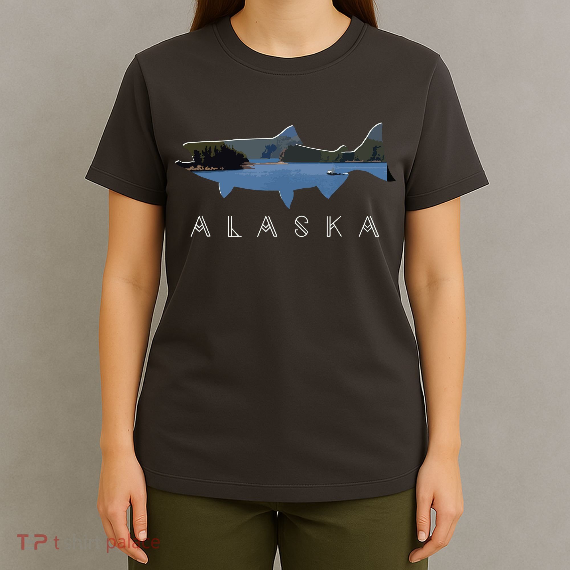 Alaskan King Salmon With Fishing Boat Saltwater Fishermen T-Shirt
