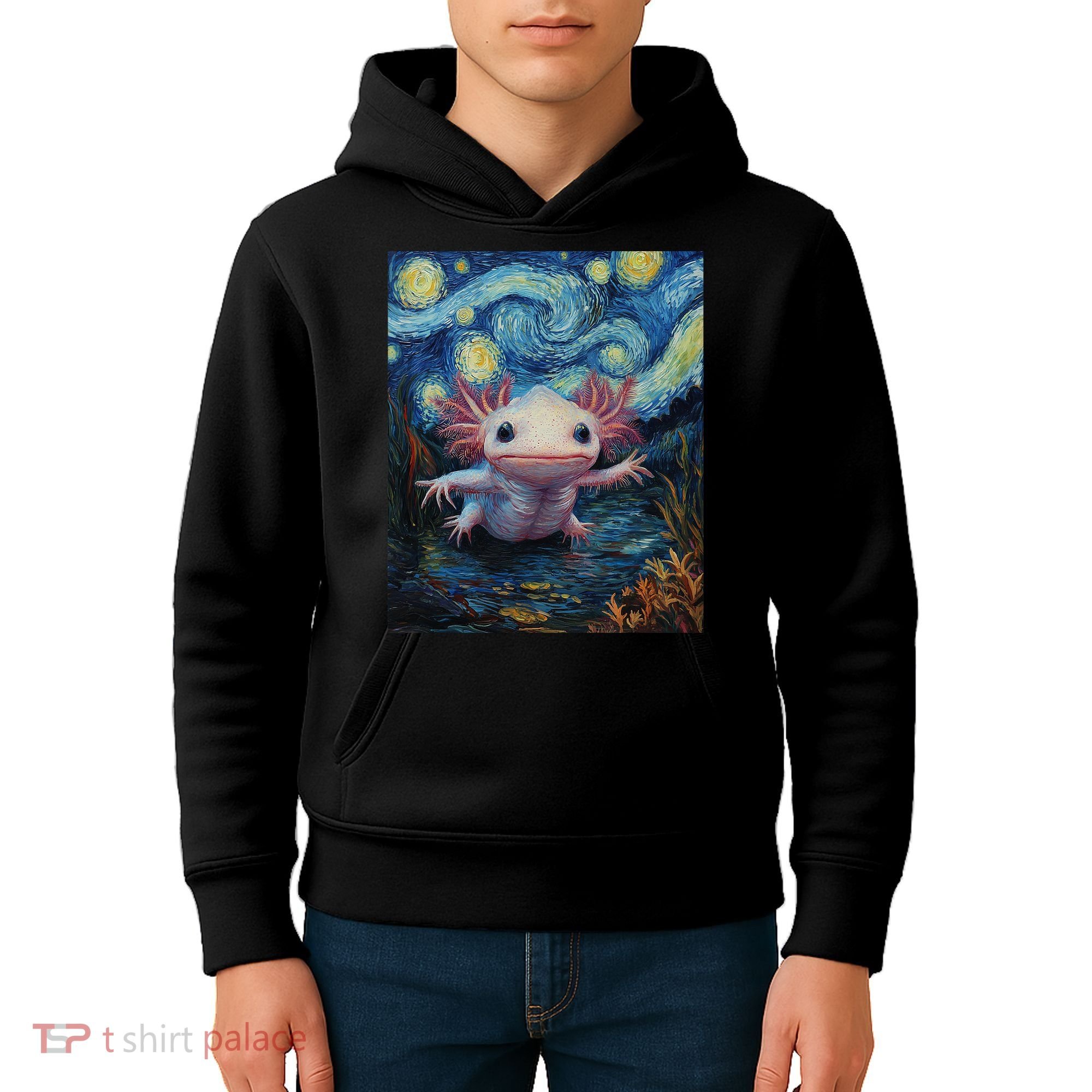 Axolotl Kawaii - Van Gogh Style - Starry Night Graphic  Kids Hoodie