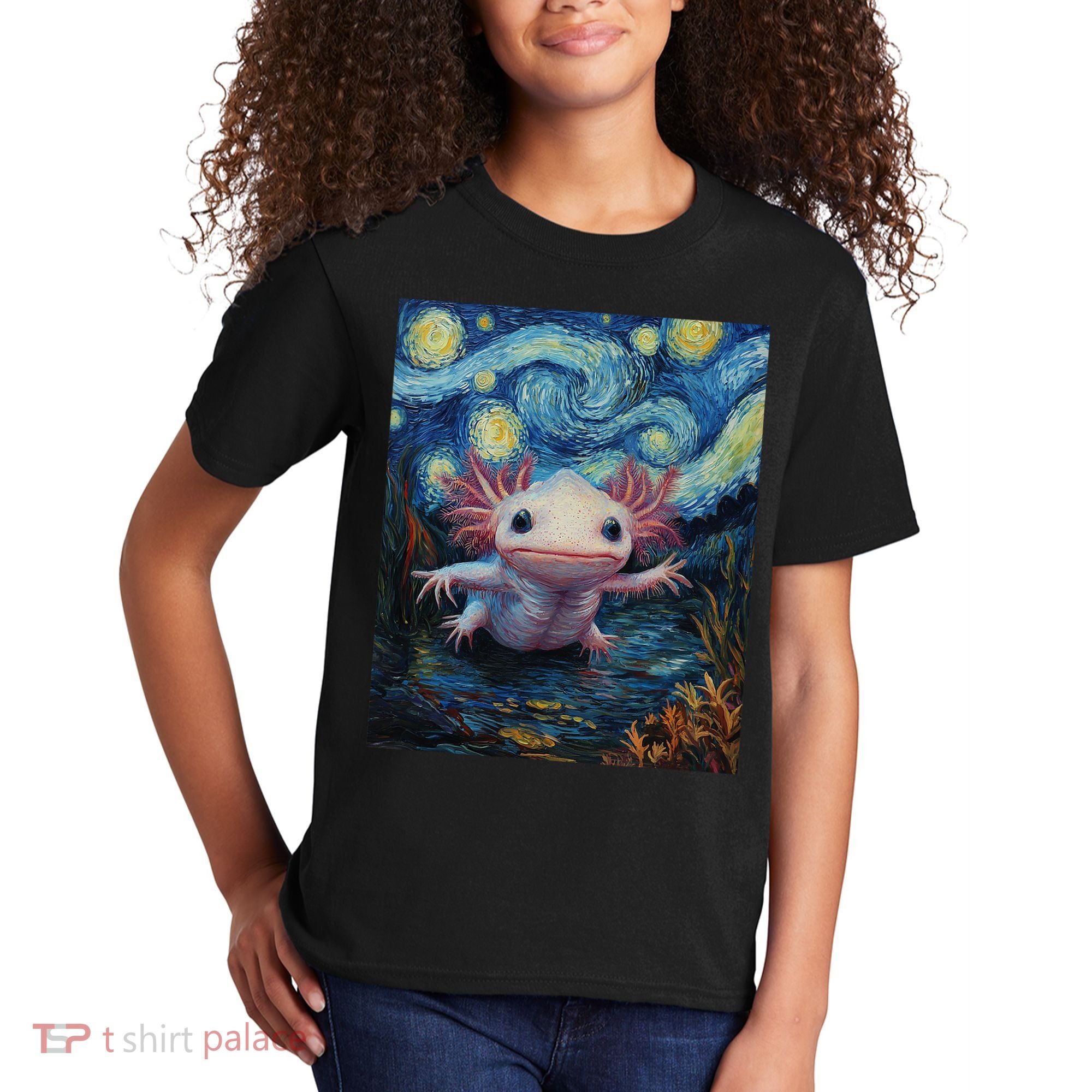 Axolotl Kawaii - Van Gogh Style - Starry Night Graphic  Kids T-Shirt