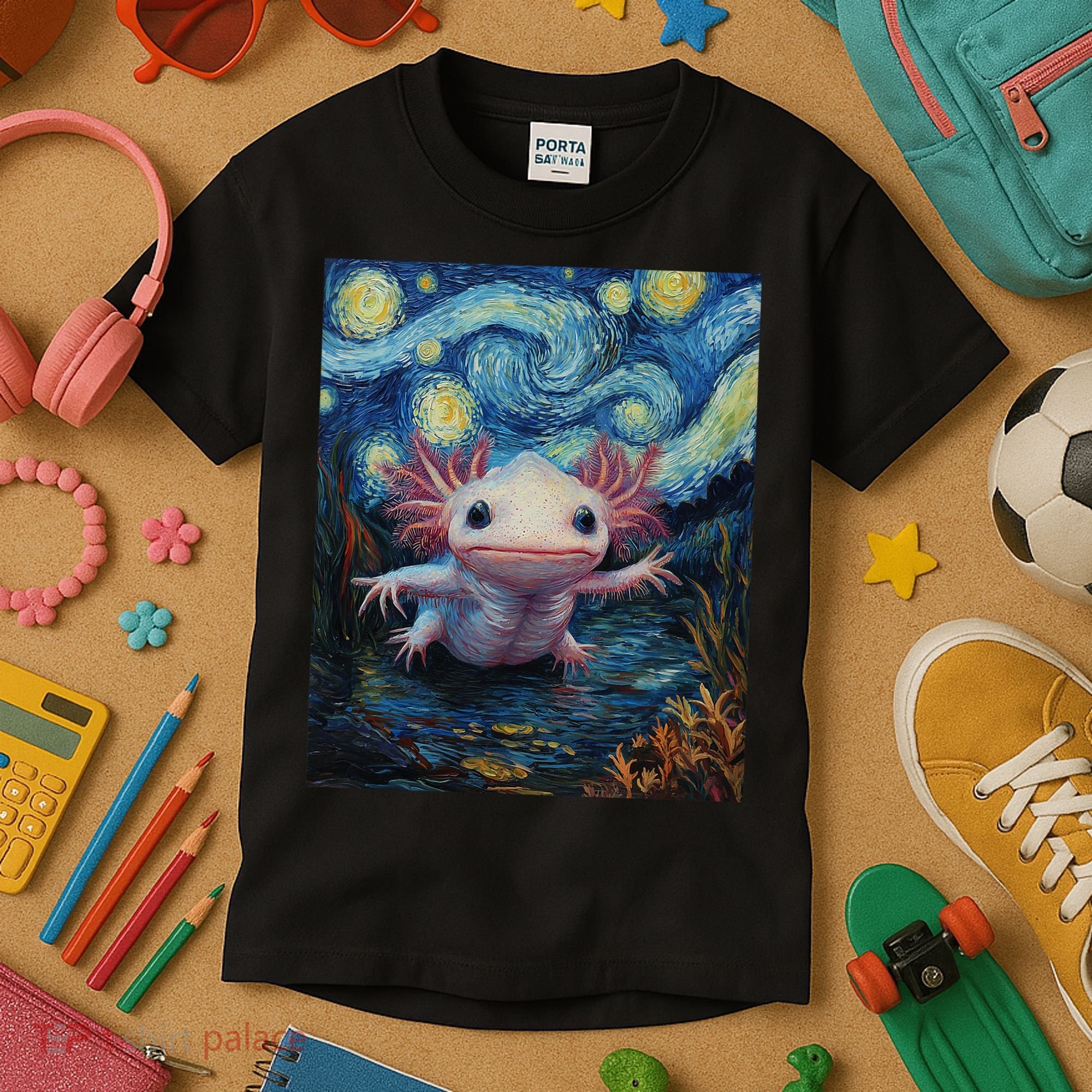 Axolotl Kawaii - Van Gogh Style - Starry Night Graphic  Kids T-Shirt