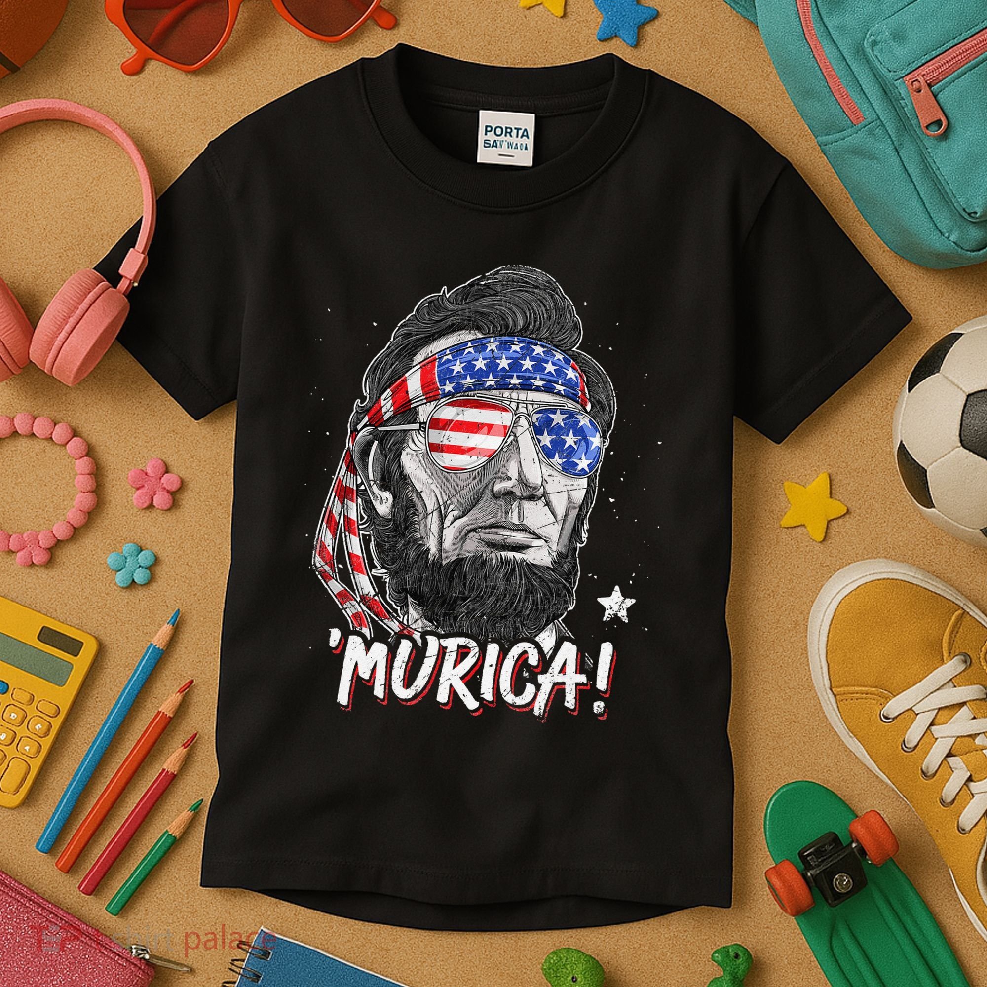 Abraham Lincoln 4th Of July Murica   American Flag Kids T-Shirt
