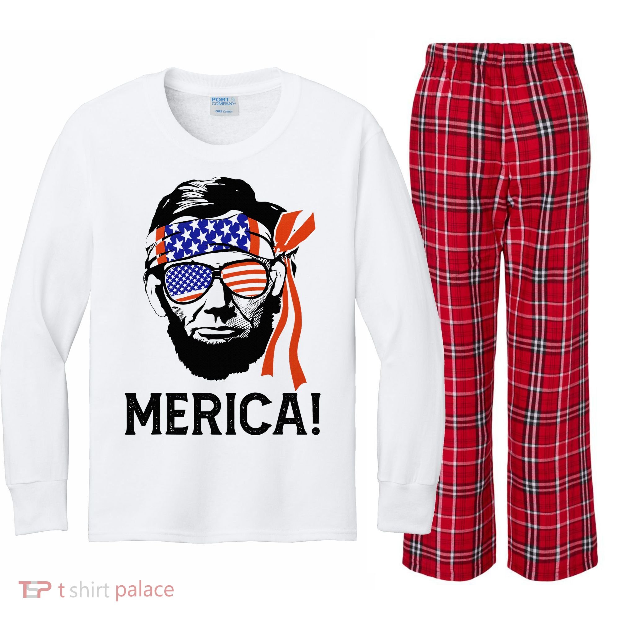 Abraham Lincoln 4th Of July Merica American Flag Kids Long Sleeve Plaid Pajama Set