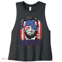 Abraham Lincoln 4th Of July Merica American Flag Women's Racerback Cropped Tank thumb 0