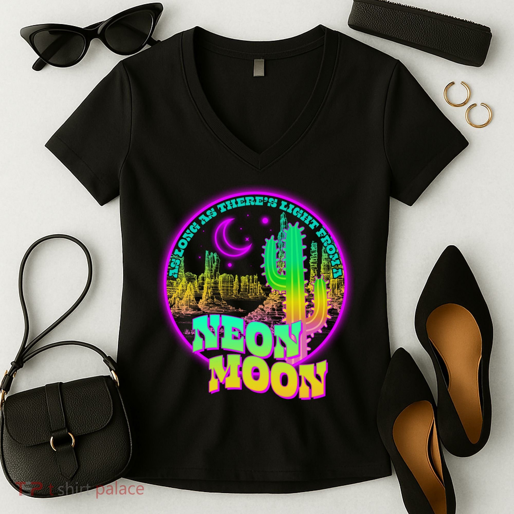 As Long As There's Light From A Neon Moon Women's V-Neck T-Shirt