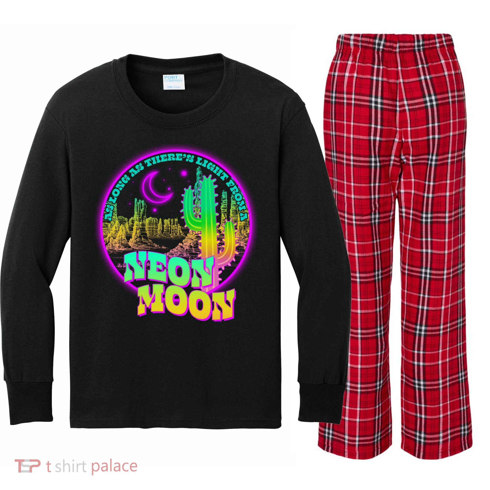 As Long As There's Light From A Neon Moon Kids Long Sleeve Plaid Pajama Set