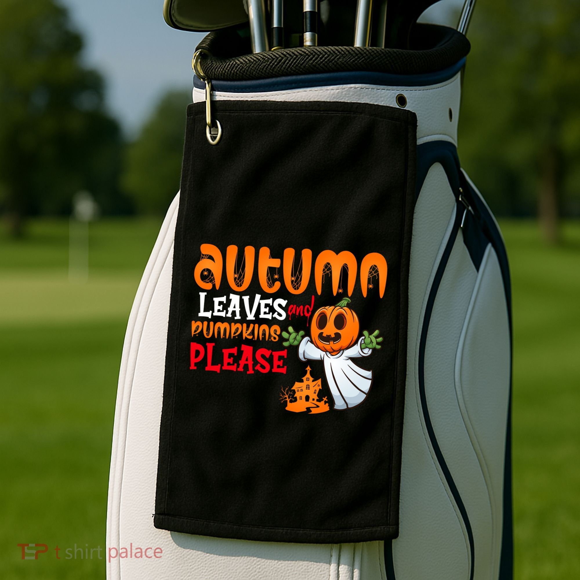 Autumn Leaves And Pumpkins Please Golf Towel