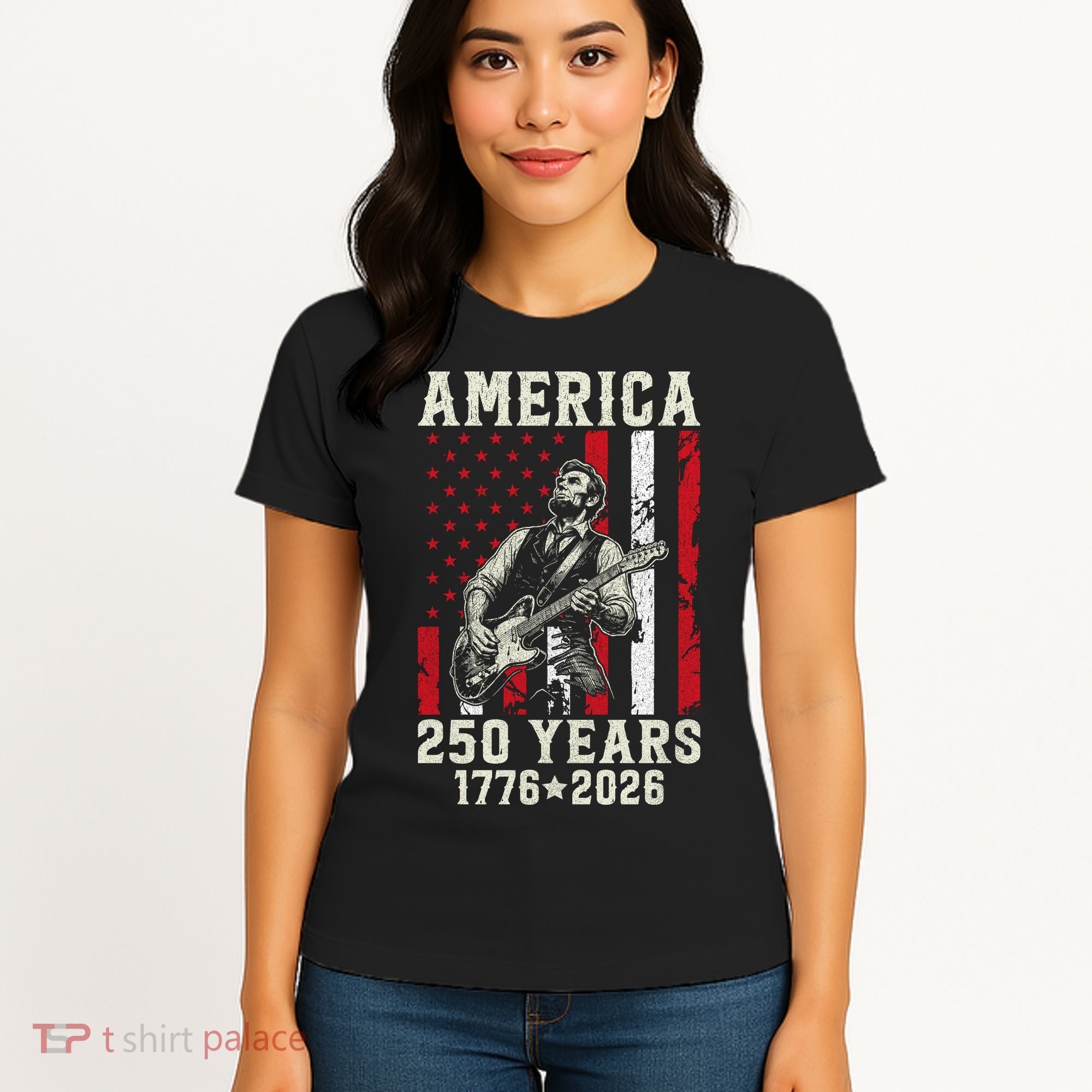 Abraham Lincoln Abe Playing Guitar 250 Years 1776-2026 Women's T-Shirt