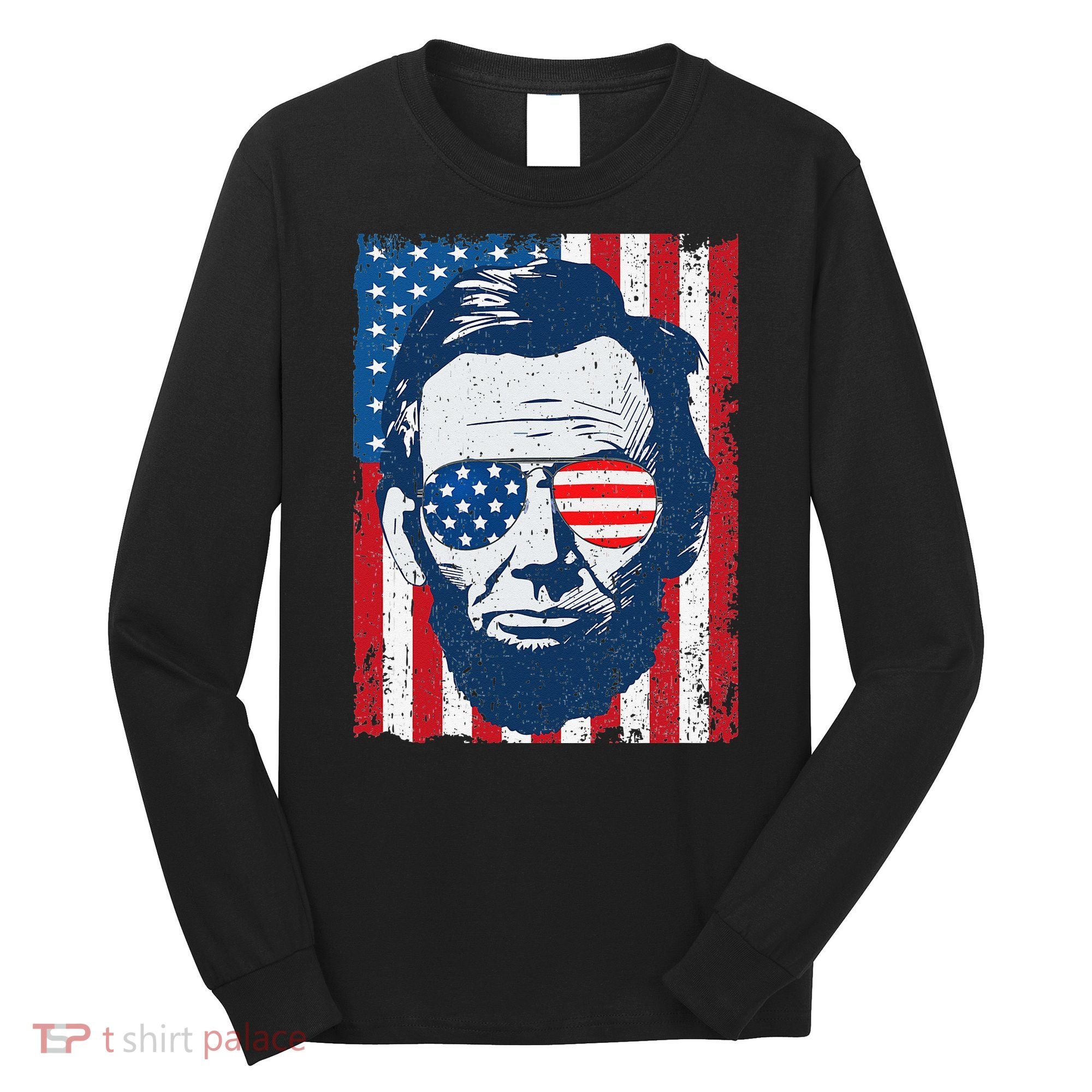 Abe Lincoln Beard Sunglasses & American Flag 4th Of July Long Sleeve Shirt