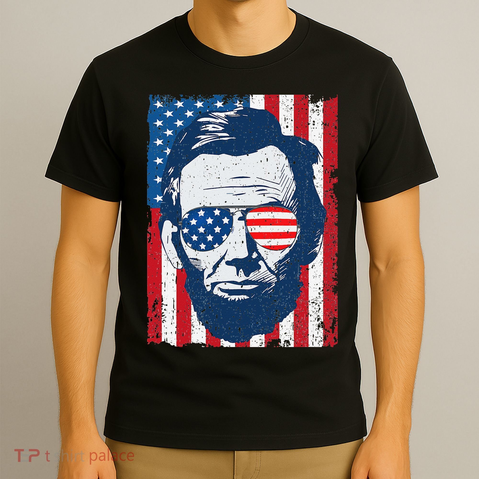 Abe Lincoln Beard Sunglasses & American Flag 4th Of July T-Shirt