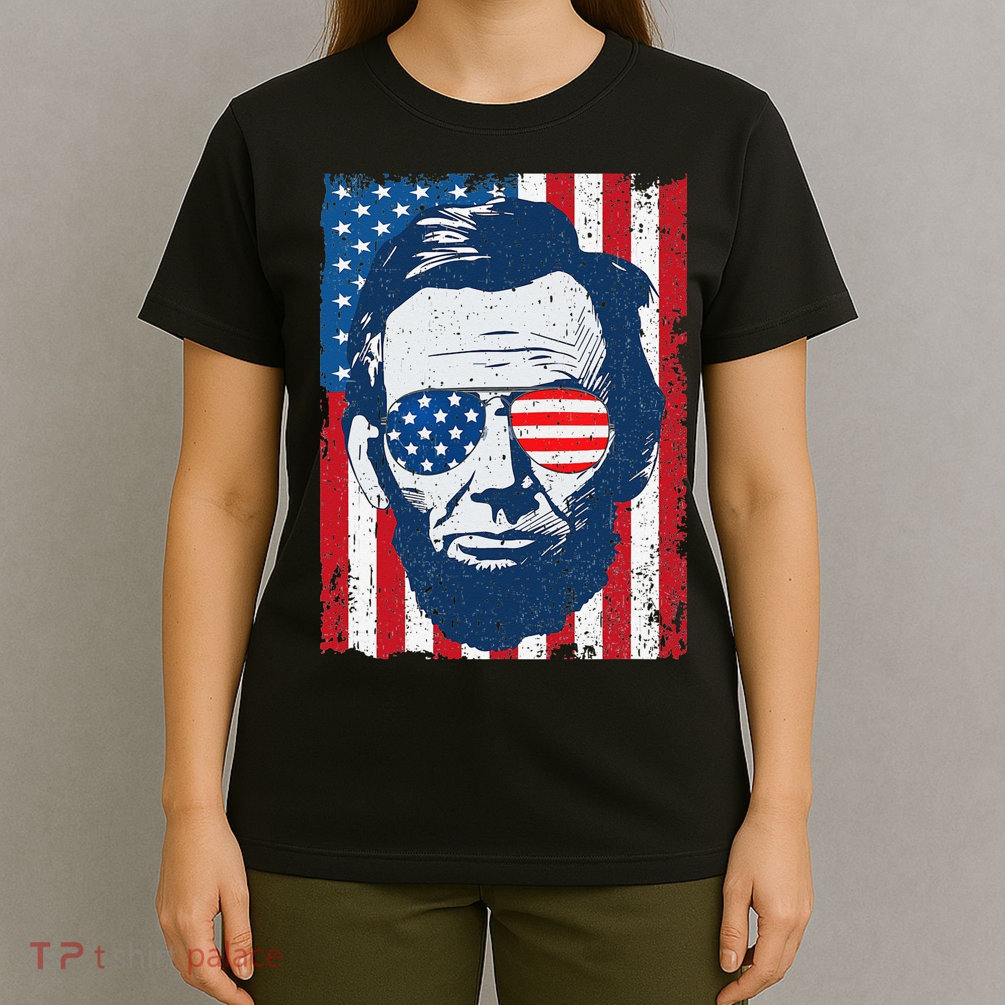 Abe Lincoln Beard Sunglasses & American Flag 4th Of July T-Shirt