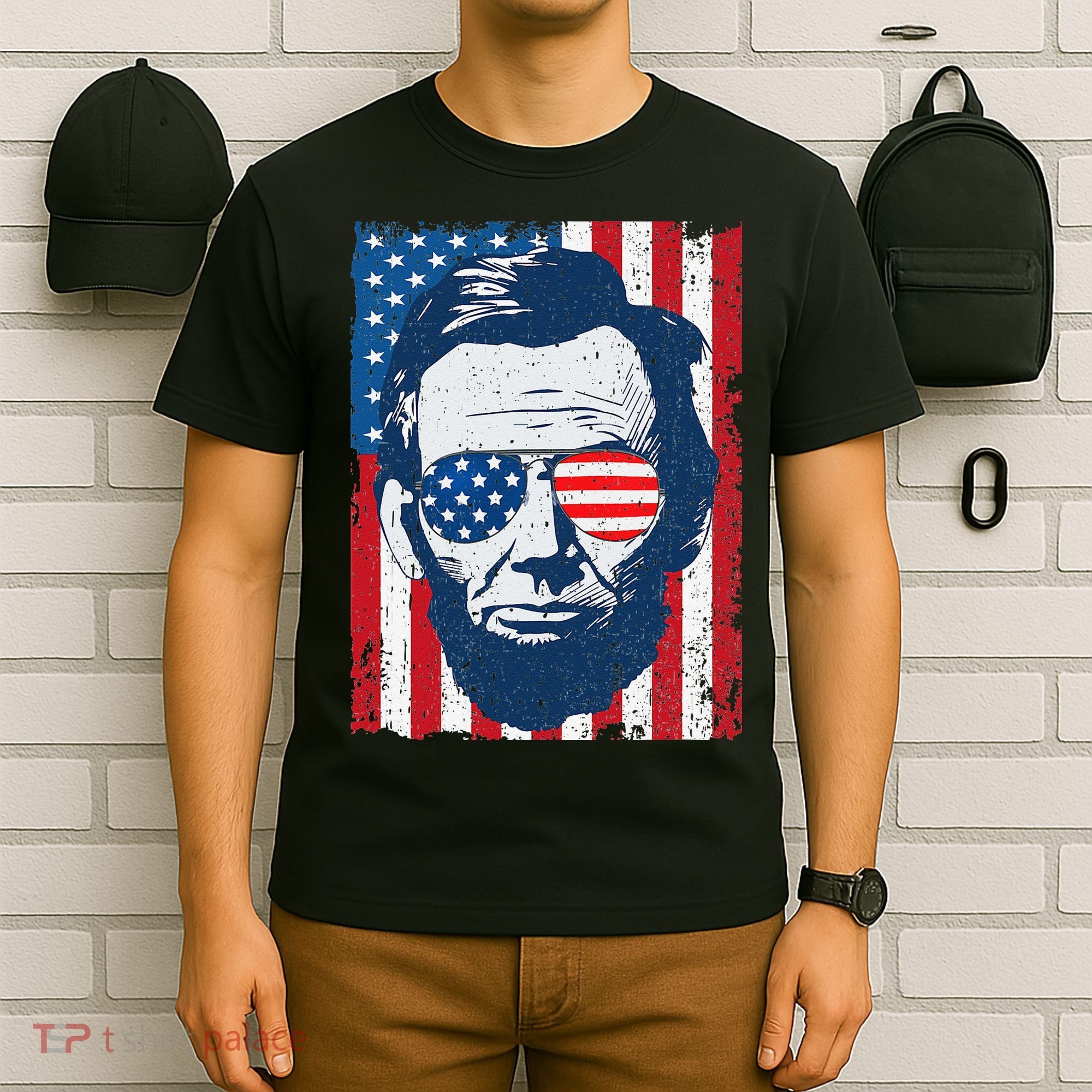Abe Lincoln Beard Sunglasses & American Flag 4th Of July T-Shirt