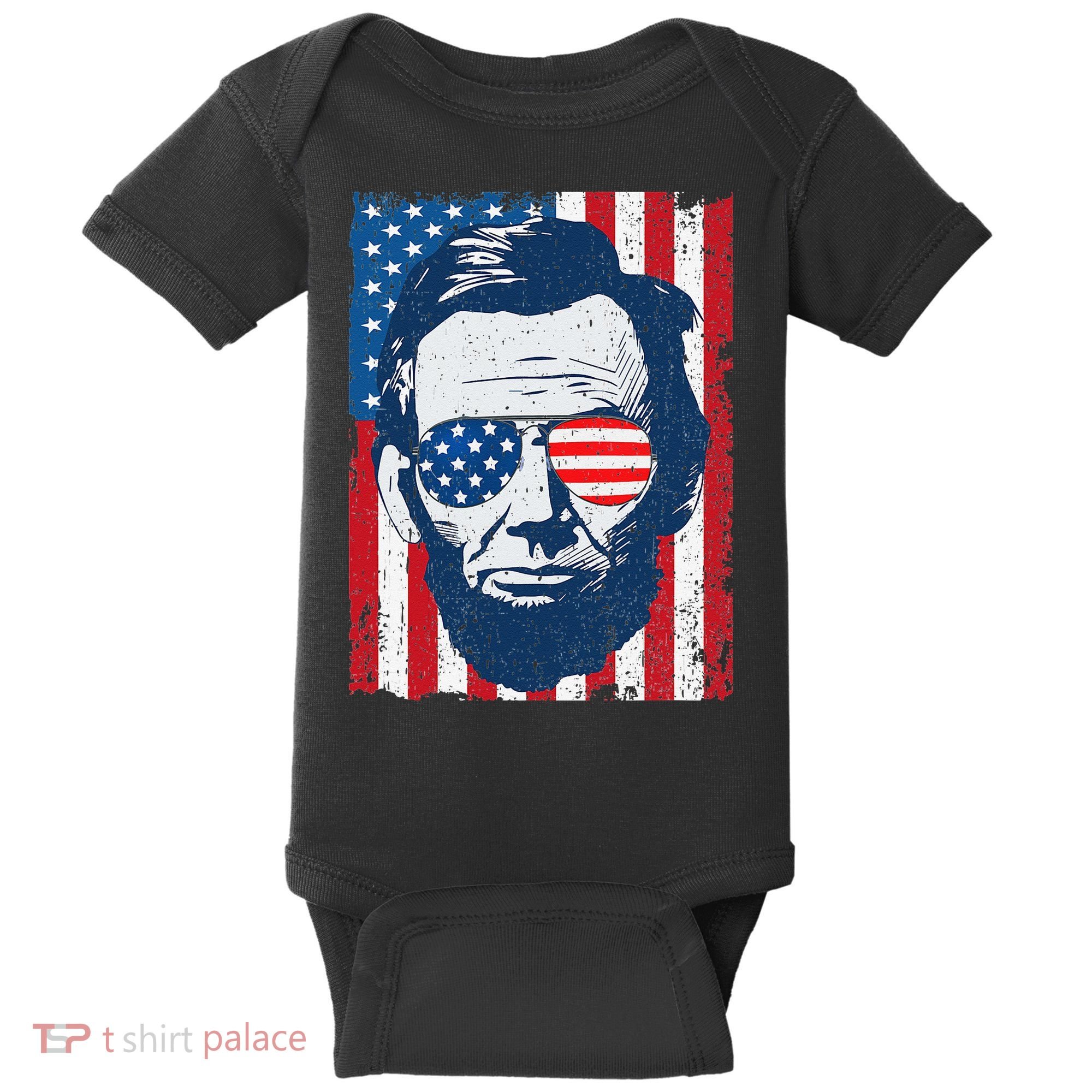 Abe Lincoln Beard Sunglasses & American Flag 4th Of July Baby Bodysuit