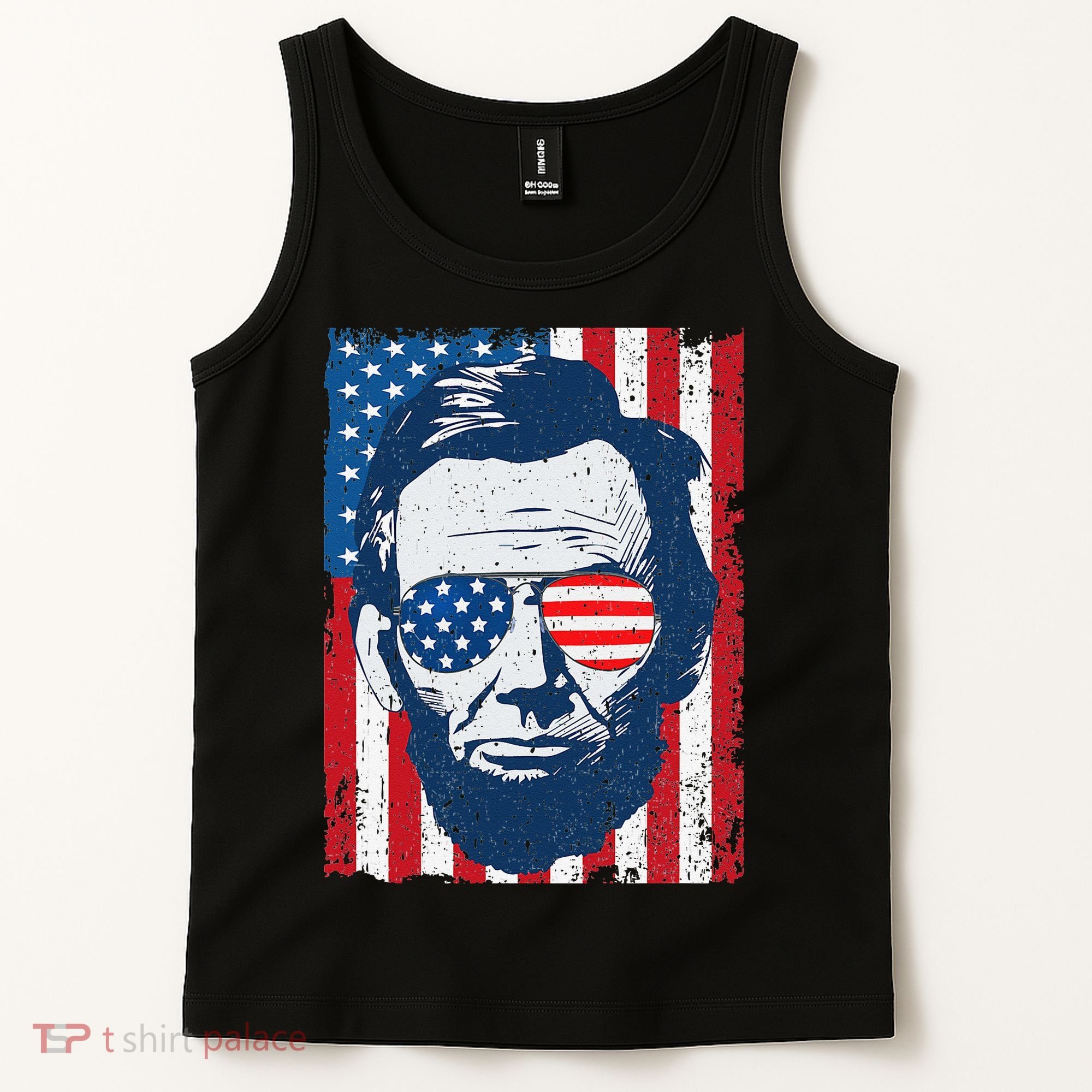 Abe Lincoln Beard Sunglasses & American Flag 4th Of July Tank Top