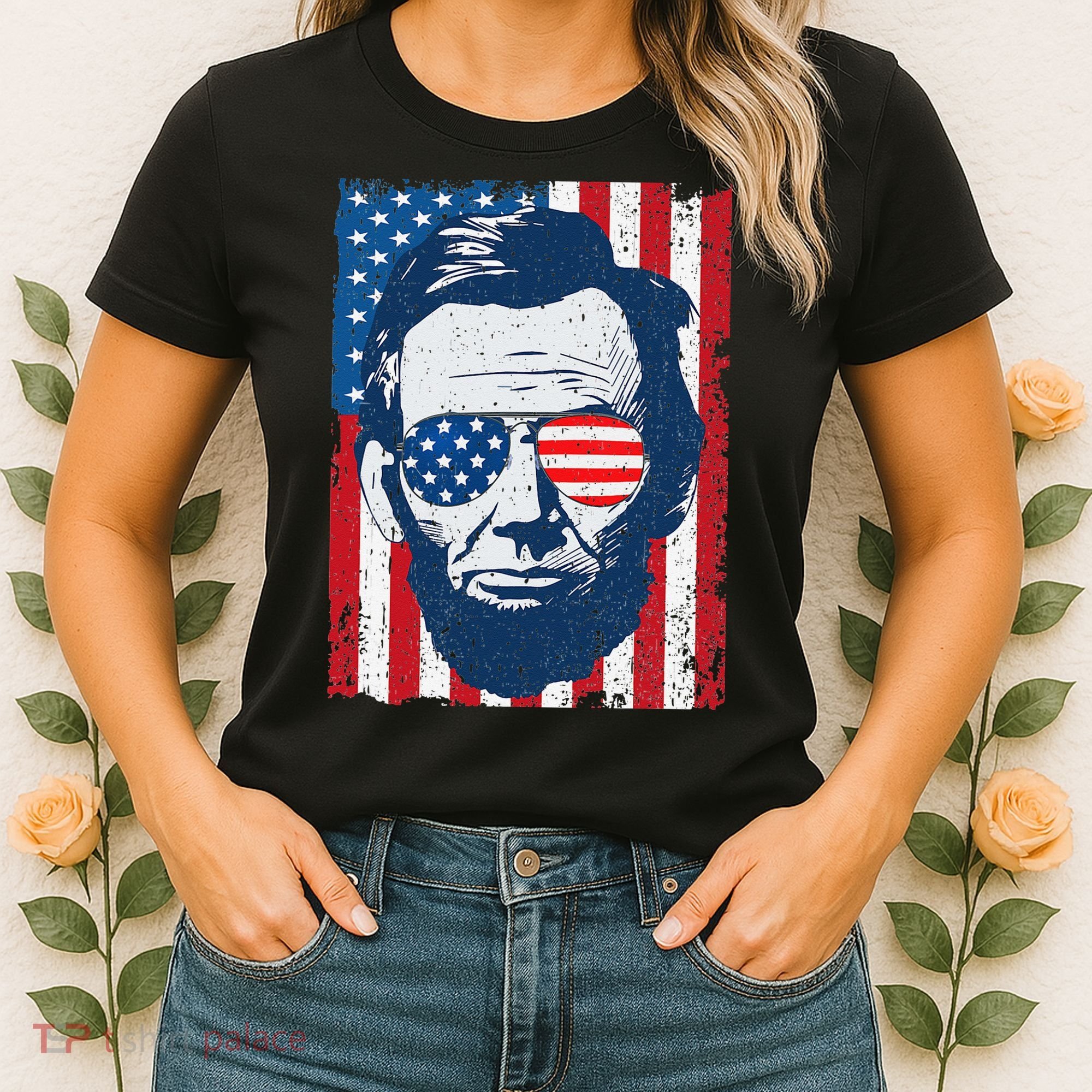 Abe Lincoln Beard Sunglasses & American Flag 4th Of July Women's T-Shirt