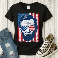 Abe Lincoln Beard Sunglasses & American Flag 4th Of July Women's T-Shirt thumb 3