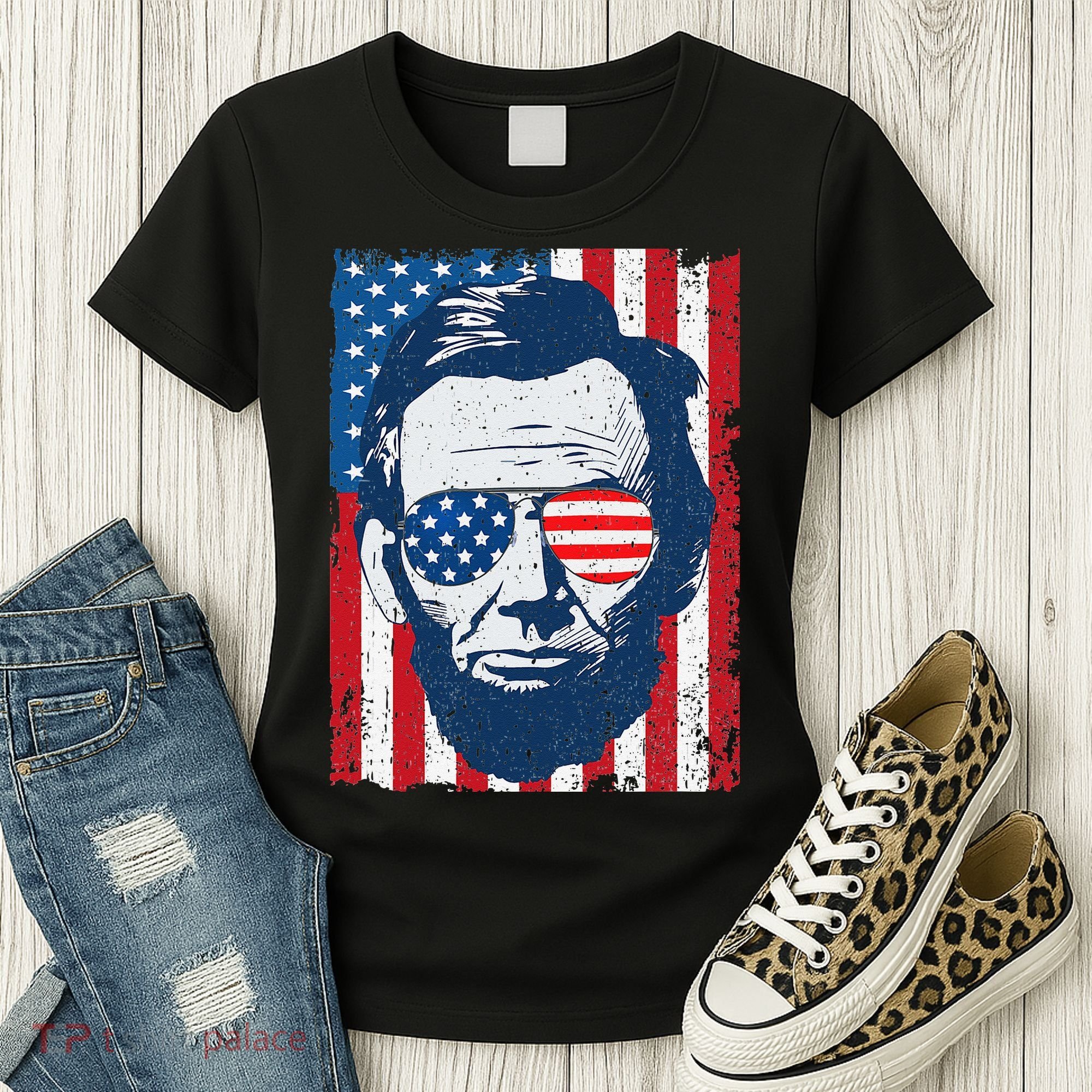 Abe Lincoln Beard Sunglasses & American Flag 4th Of July Women's T-Shirt