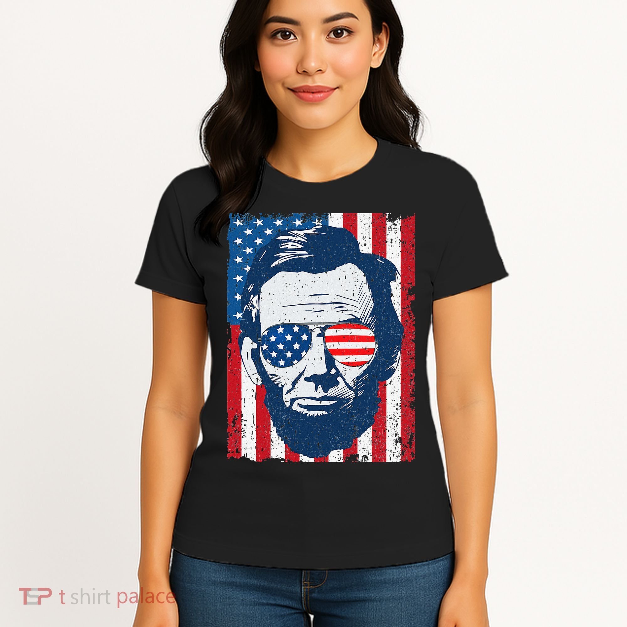 Abe Lincoln Beard Sunglasses & American Flag 4th Of July Women's T-Shirt